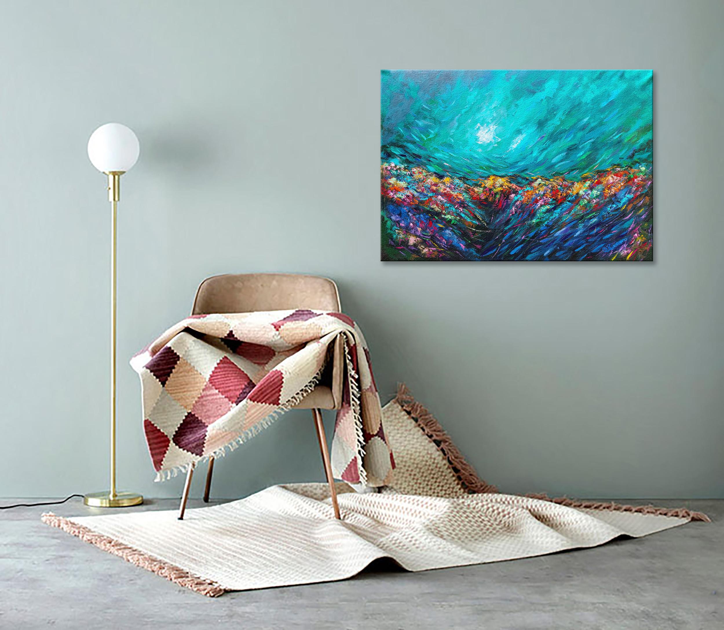 Tropisches Korallenreef-Gemälde Ozean Kunst Unterwasser Meereslandschaft Original Gemälde (Impressionismus), Painting, von Olga Nikitina