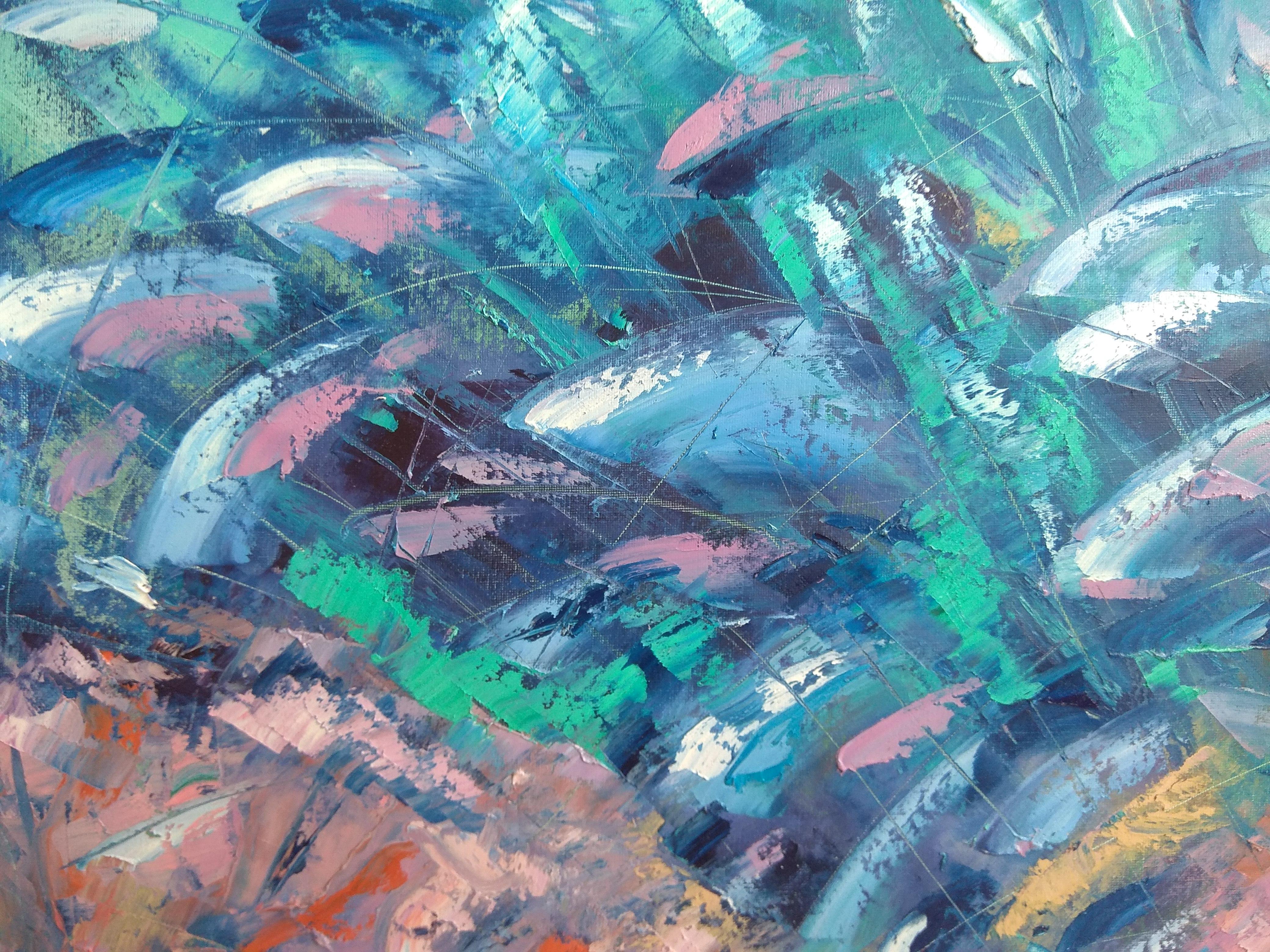 Underwater painting a new fast growing direction in contemporary art. Artwork was created underwater during scuba diving at the depth of 11.5 meters, session 74 minutes. By influence of underwater environment, feeling of no gravity, colorful