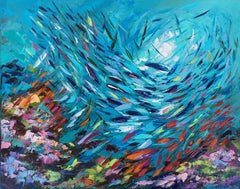 Fish in Coral Reef Painting Impressionist Underwater Art