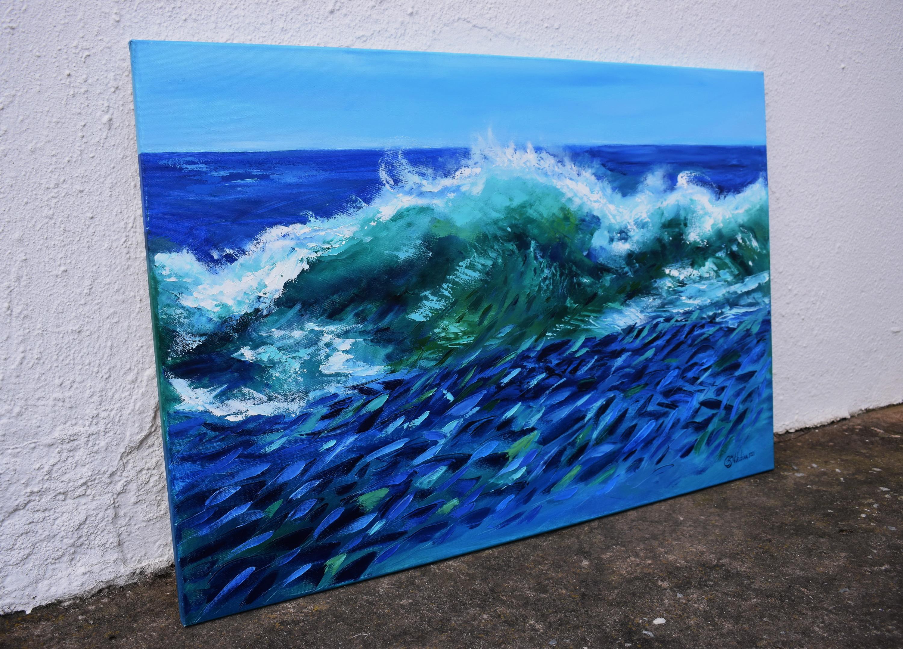 Fish in Waves Ocean Art - Painting by Olga Nikitina