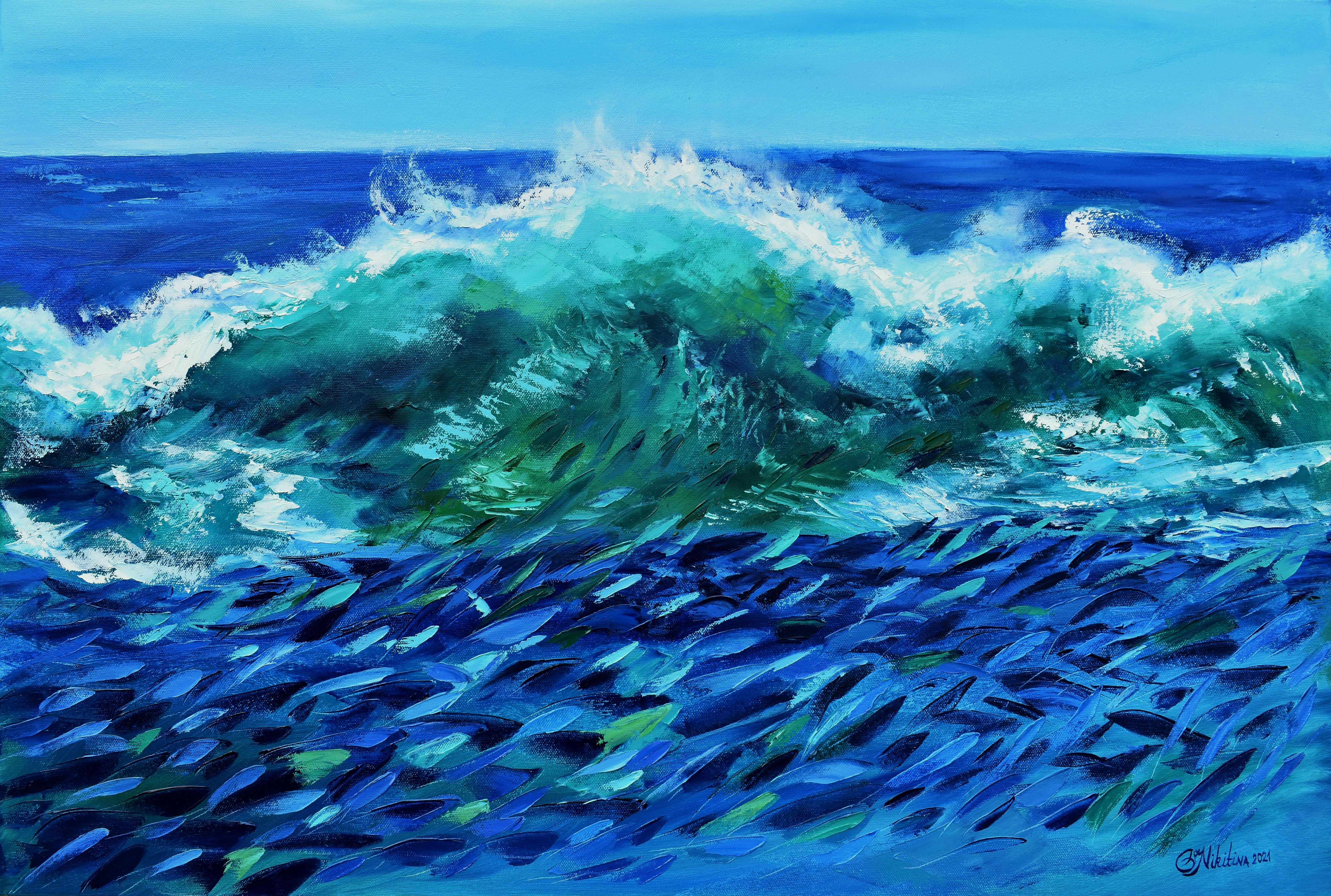 Olga Nikitina Animal Painting – Fisch in Wellen Ocean Art
