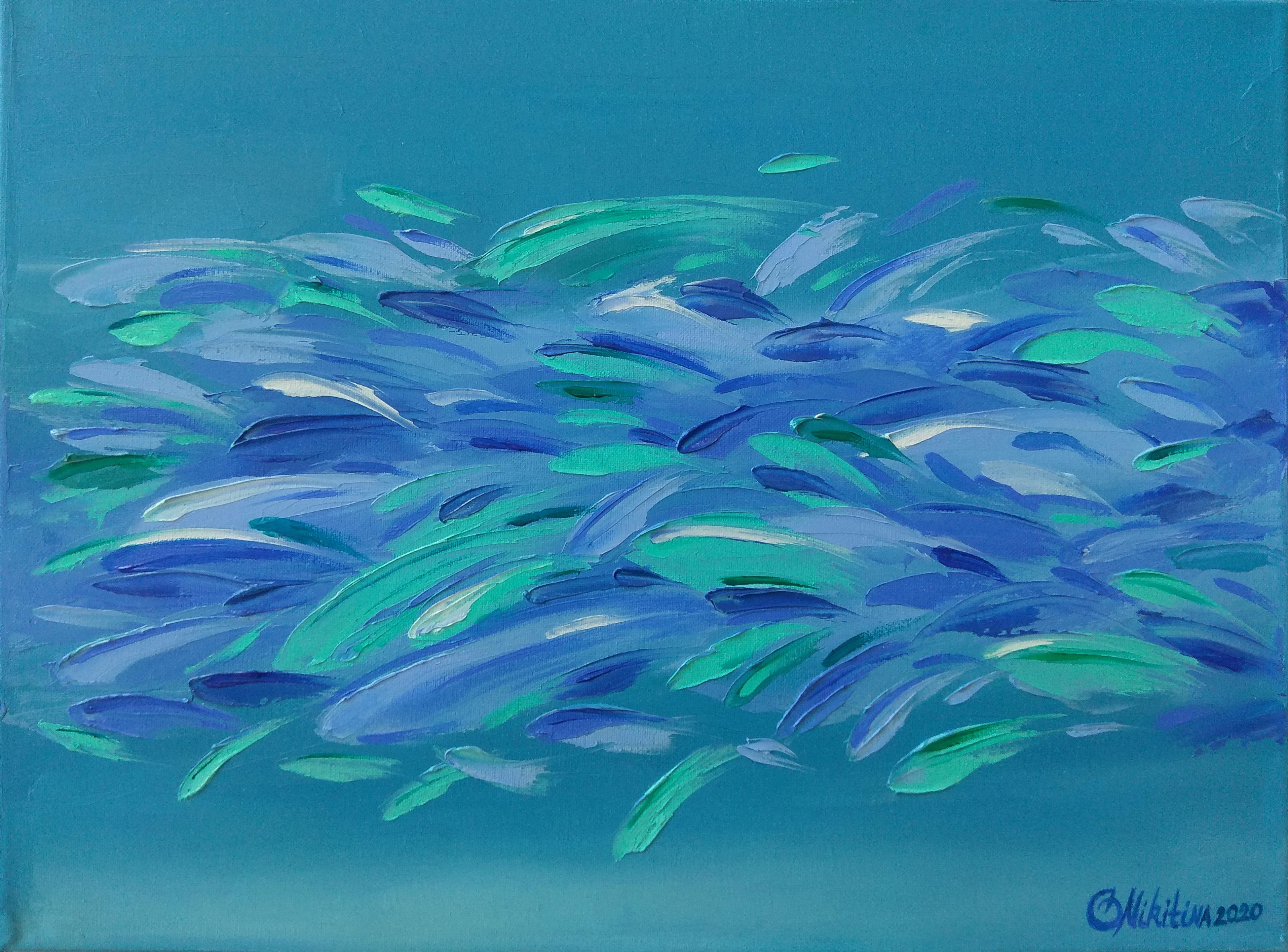 Olga Nikitina Animal Painting - Blue Fish Painting Underwater Original Art Ocean Fish Artwork Sea Life Painting