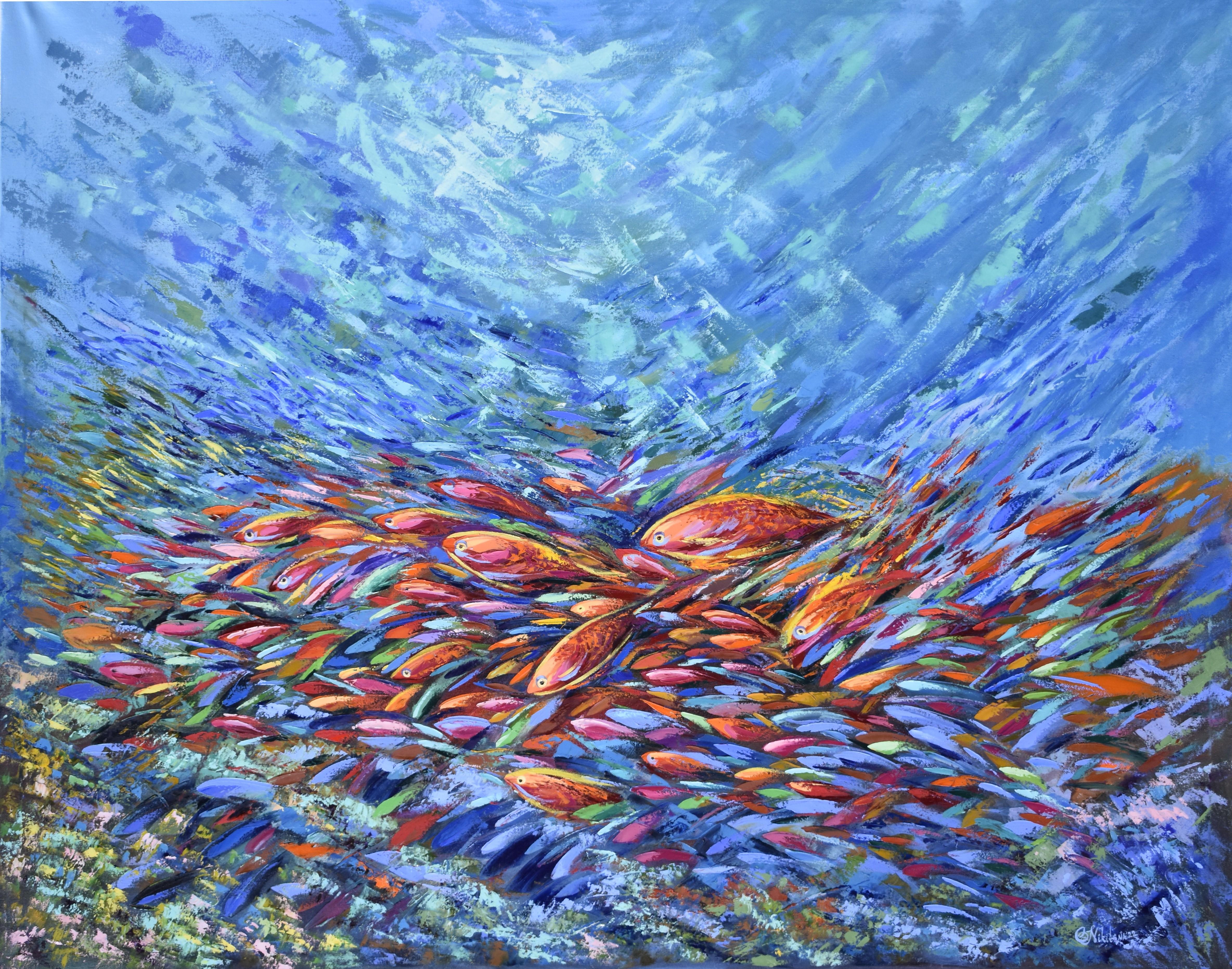 Abstract Painting Olga Nikitina - Peinture de poissons du récif corallien sous-marin