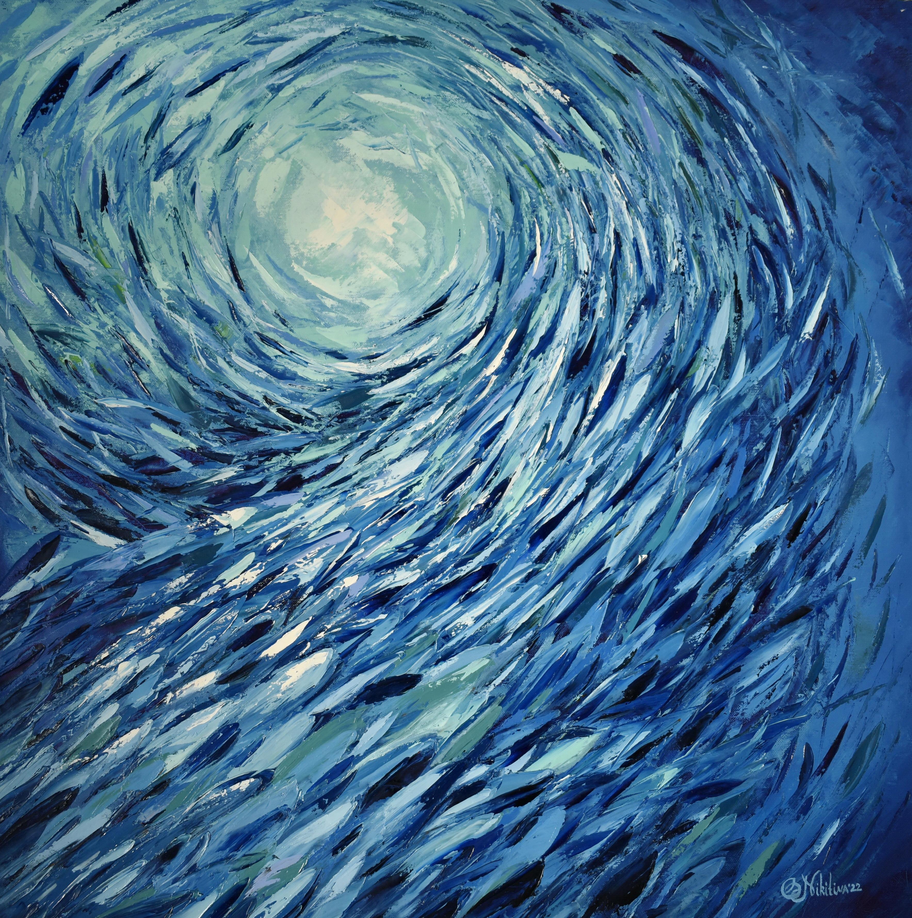 Olga Nikitina Interior Painting - Fish Whirlpool Sardines Underwater Art Ocean 