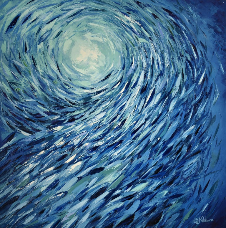 Abstract Fish Painting On Canvas Original Marine Artwork Blue