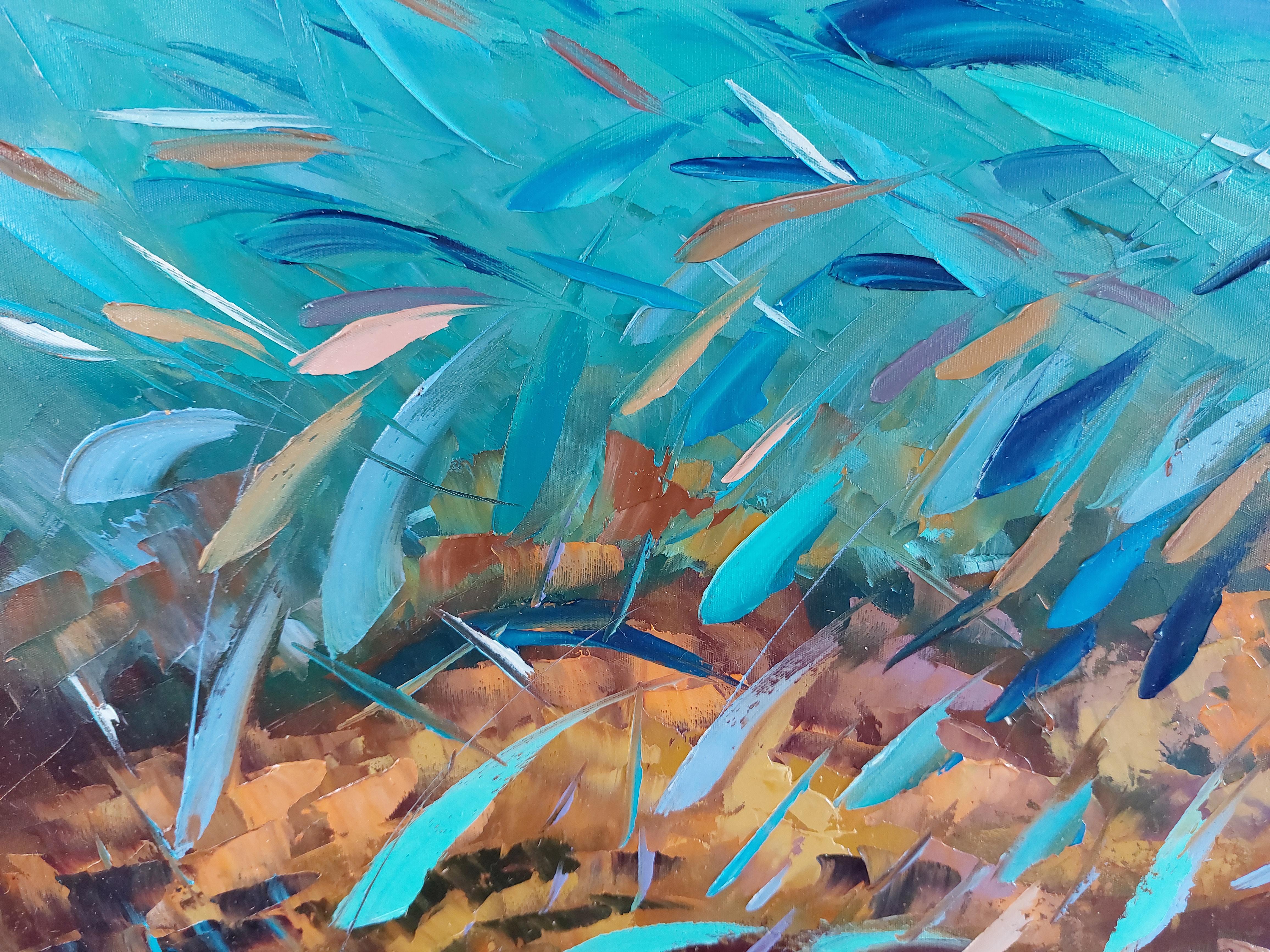 Florida Keys Fischmalerei Koralle Riff Impasto Malerei Palette Messer Kunst (Abstrakt), Painting, von Olga Nikitina
