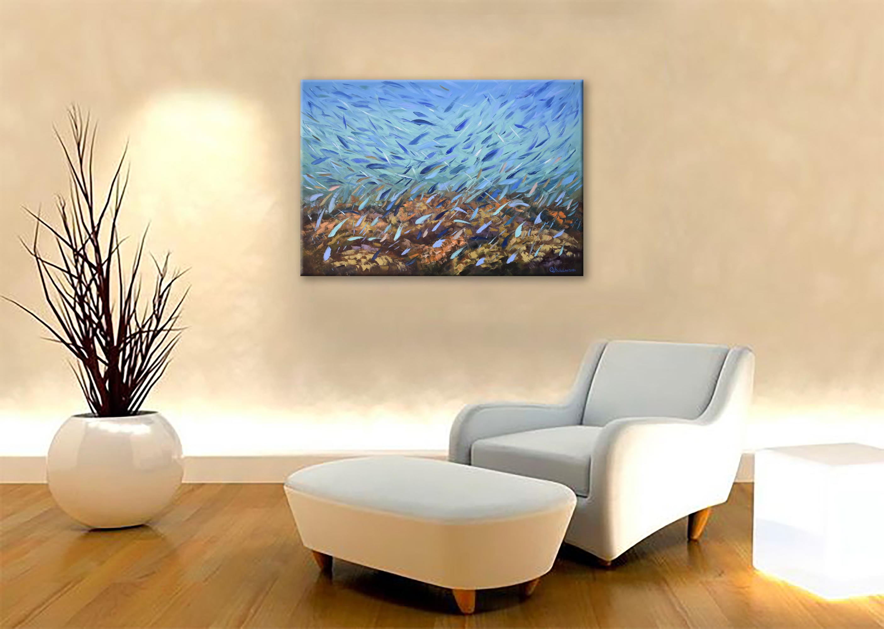 Pintura Abstracta Pez Arrecife de Coral Pintura Impasto Paleta Cuchillo Arte en venta 4