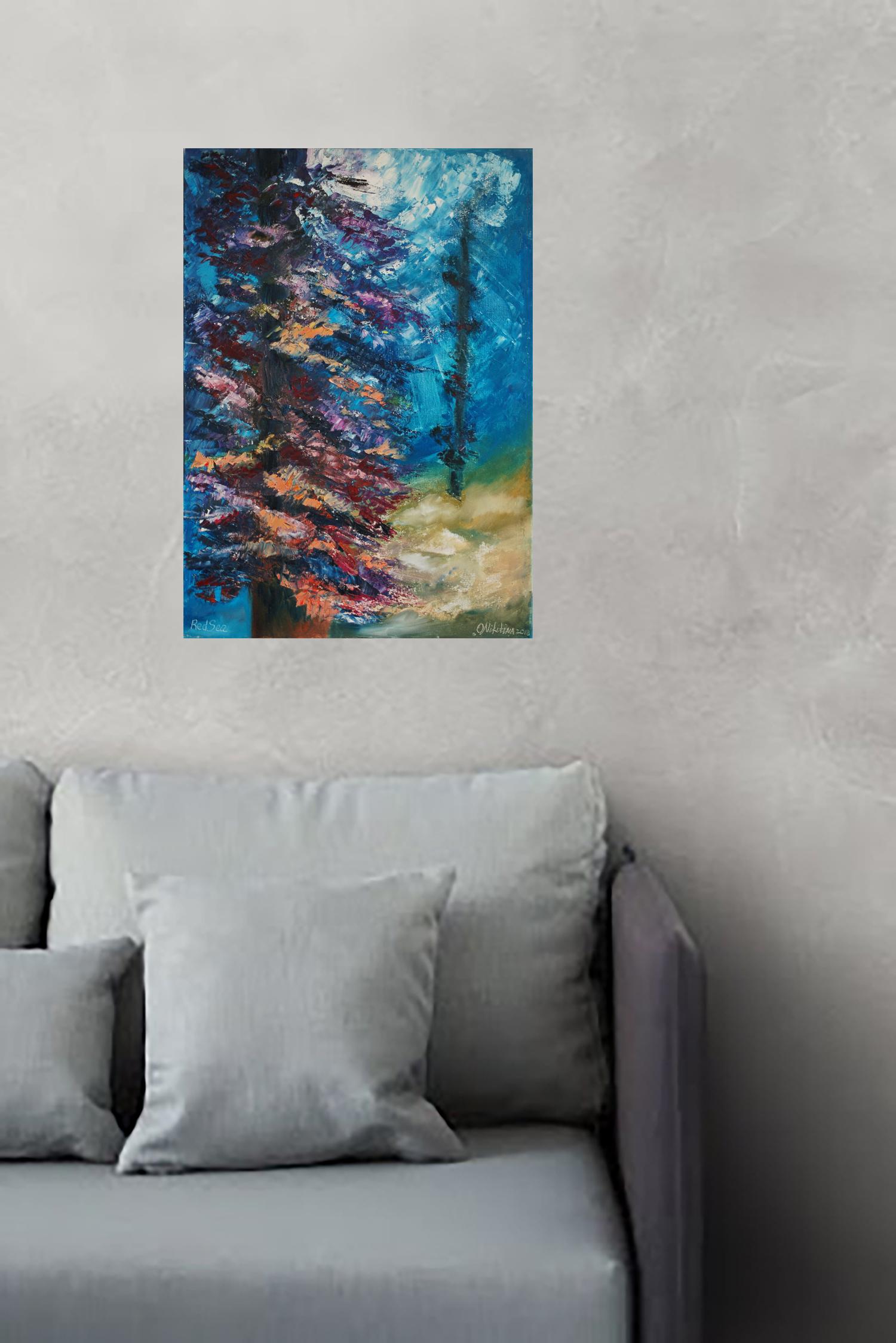 Forest Underwater Gemälde Impasto Palette Messer Kunst im Wald im Angebot 4