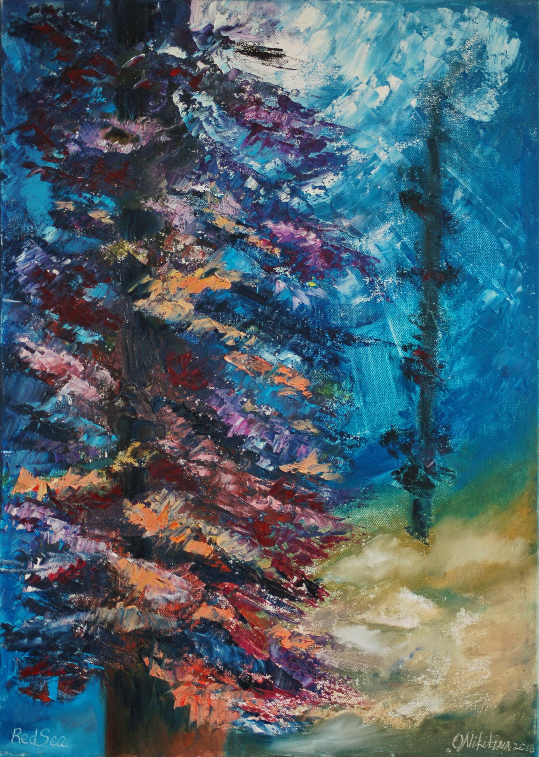 Olga Nikitina Abstract Painting - Forest Underwater Painting Impasto Palette Knife Art
