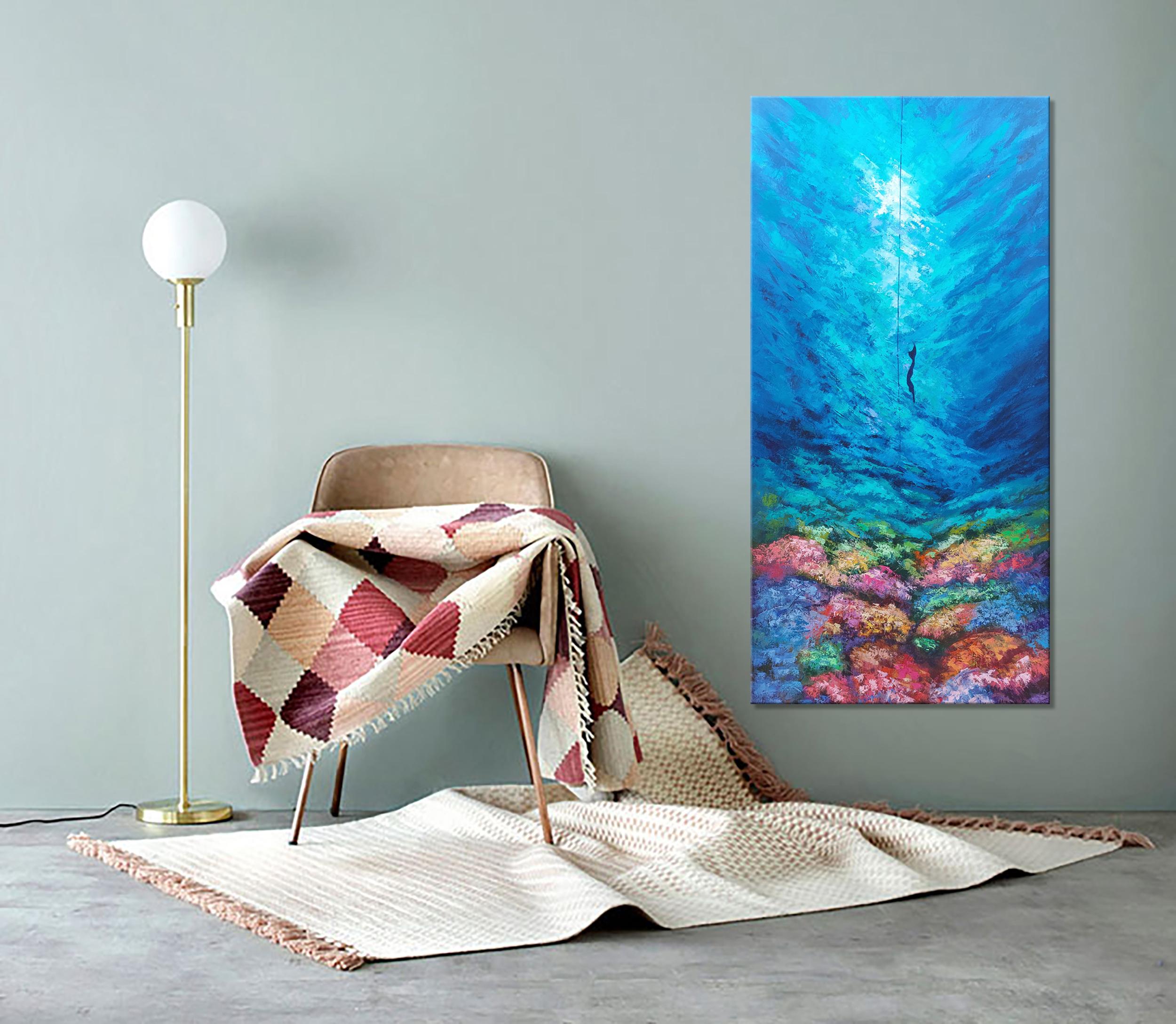 Free Diving Ölgemälde Original Unterwasser-Kunst Ozean-Palette-Messer Imressionis 5