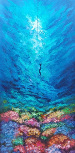 Free Diving Oil Painting Original Underwater Art Ocean Palette Knife Imressionis