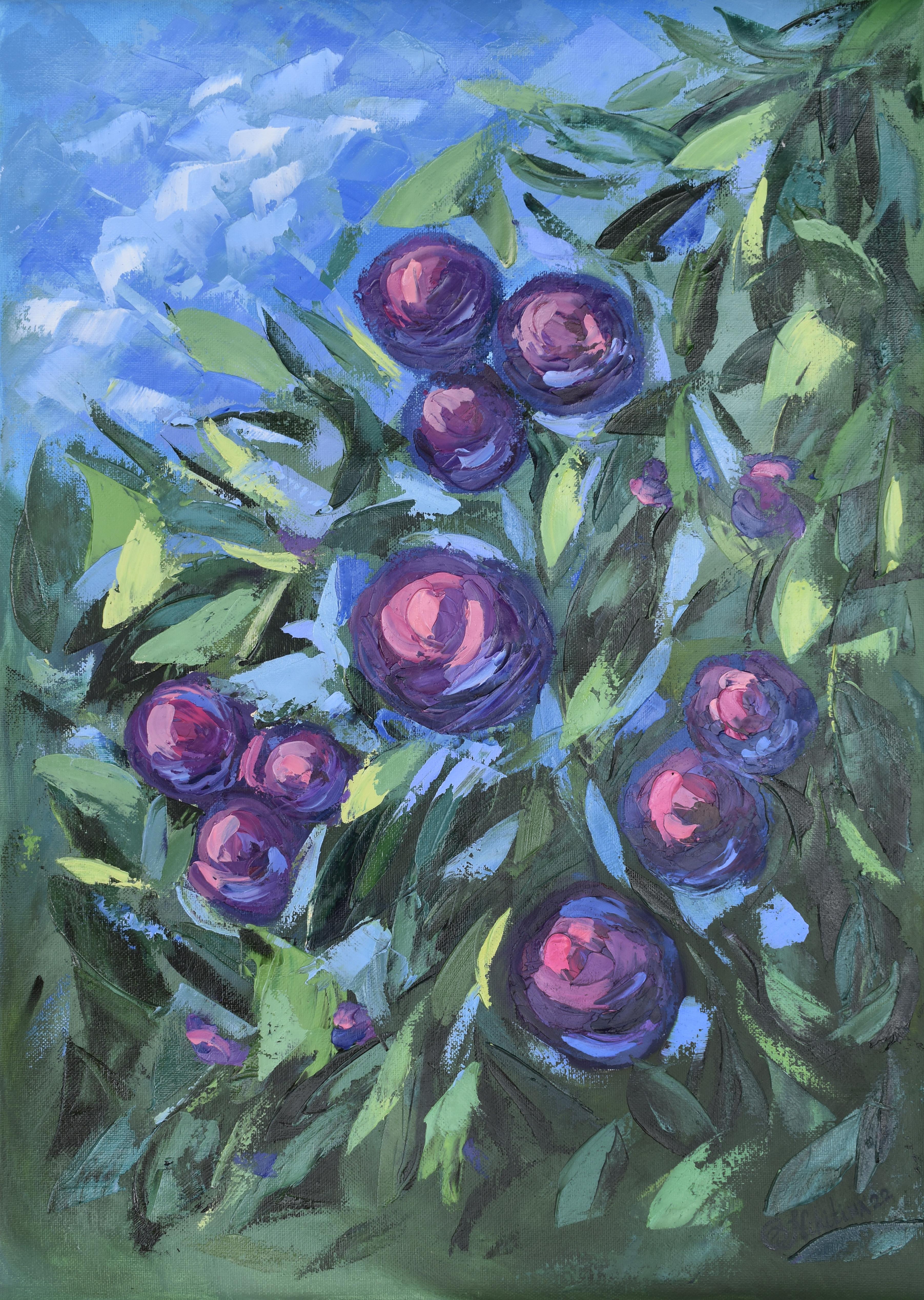 Olga Nikitina Landscape Painting - Fruit Painting Plums Tree Original Art Tropical Fruit Artwork