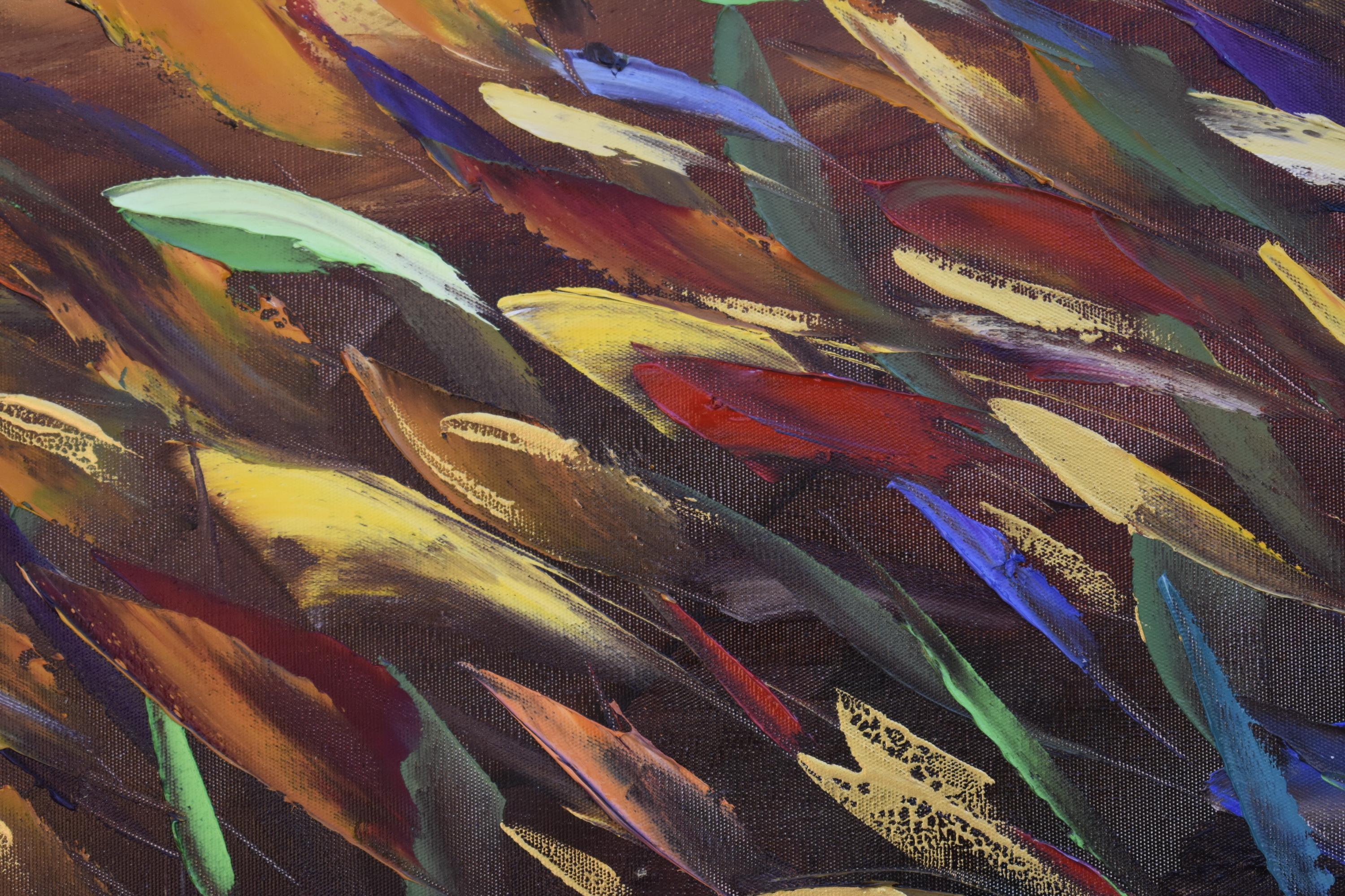 Pittura della grotta del pesce delle Hawaii
Questo splendido dipinto a olio su tela raffigura un'ipnotica scena subacquea, con un banco di pesci dai colori vivaci che nuotano in una grotta. L'artista, Olga Nikitina, ha usato abilmente una spatola