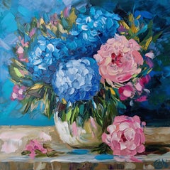 Hydrangea Bouquet Oil Painting Palette Knife Art Impasto