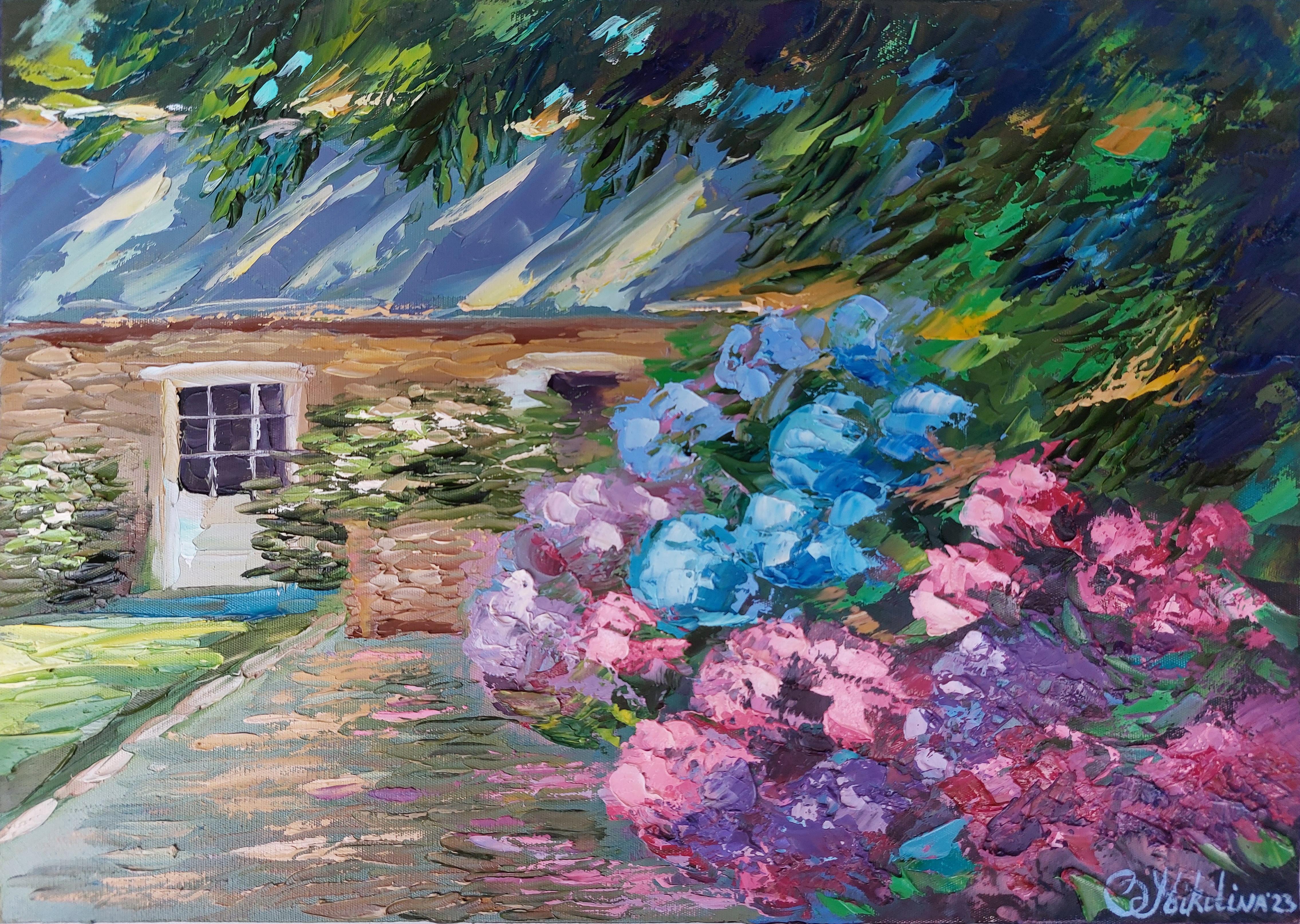 Interior Painting di Olga Nikitina - Pittura Ortensia Fiori Casa di campagna Arte originale