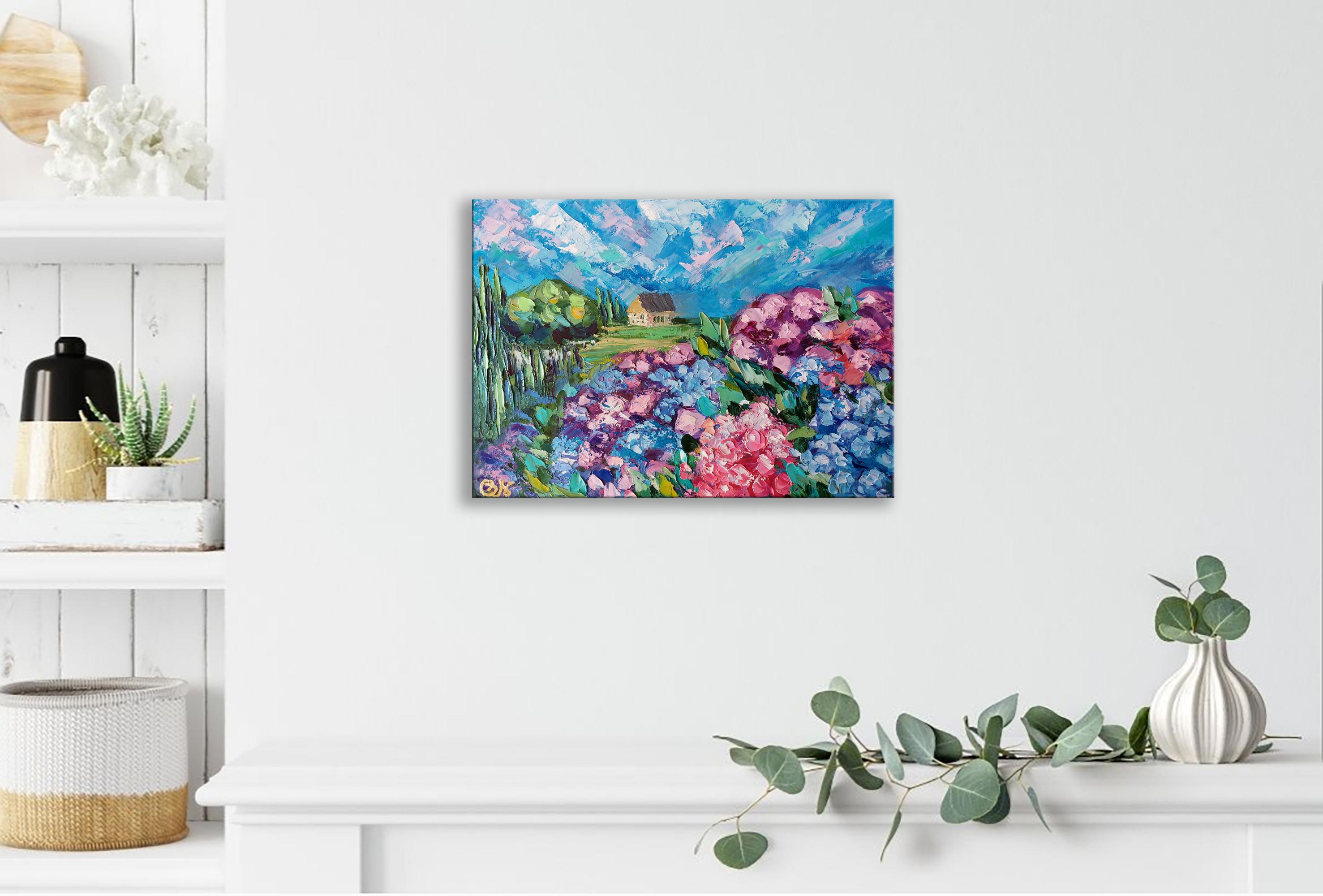 Irish Cottage Painting Hydrangea Garden Original Art im Angebot 4
