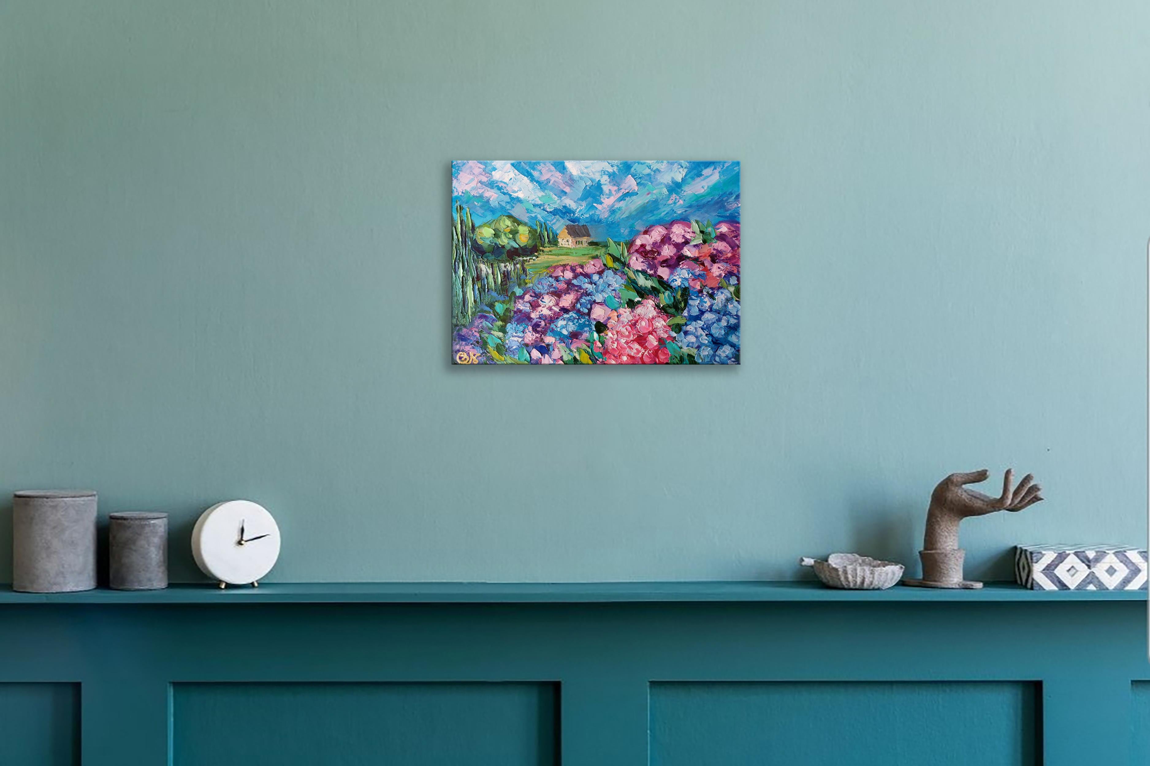 Irish Cottage Painting Hydrangea Garden Original Art im Angebot 5