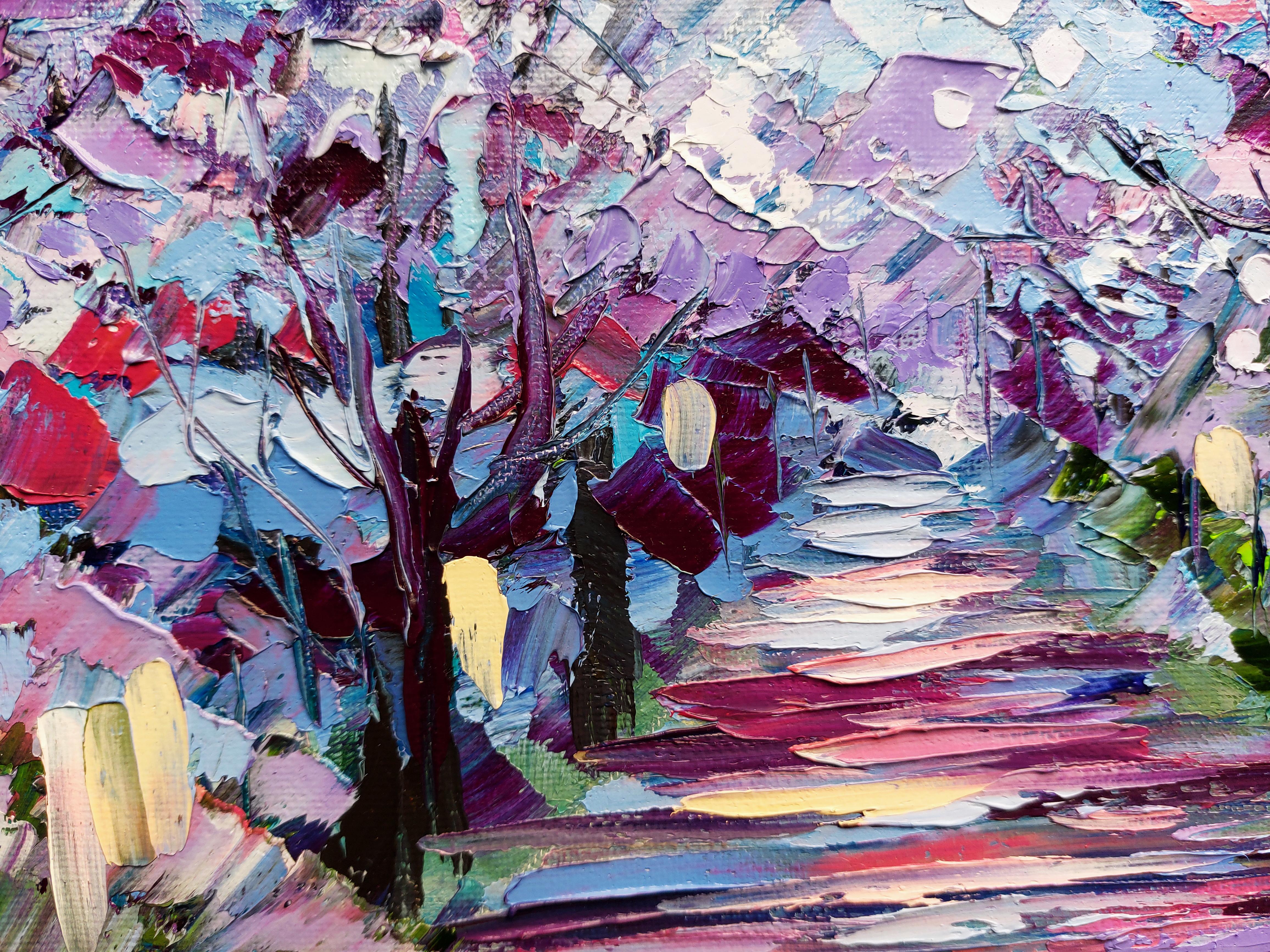 Jacaranda Tree Pintura al Óleo Arte Original - Interior Painting Gris de Olga Nikitina