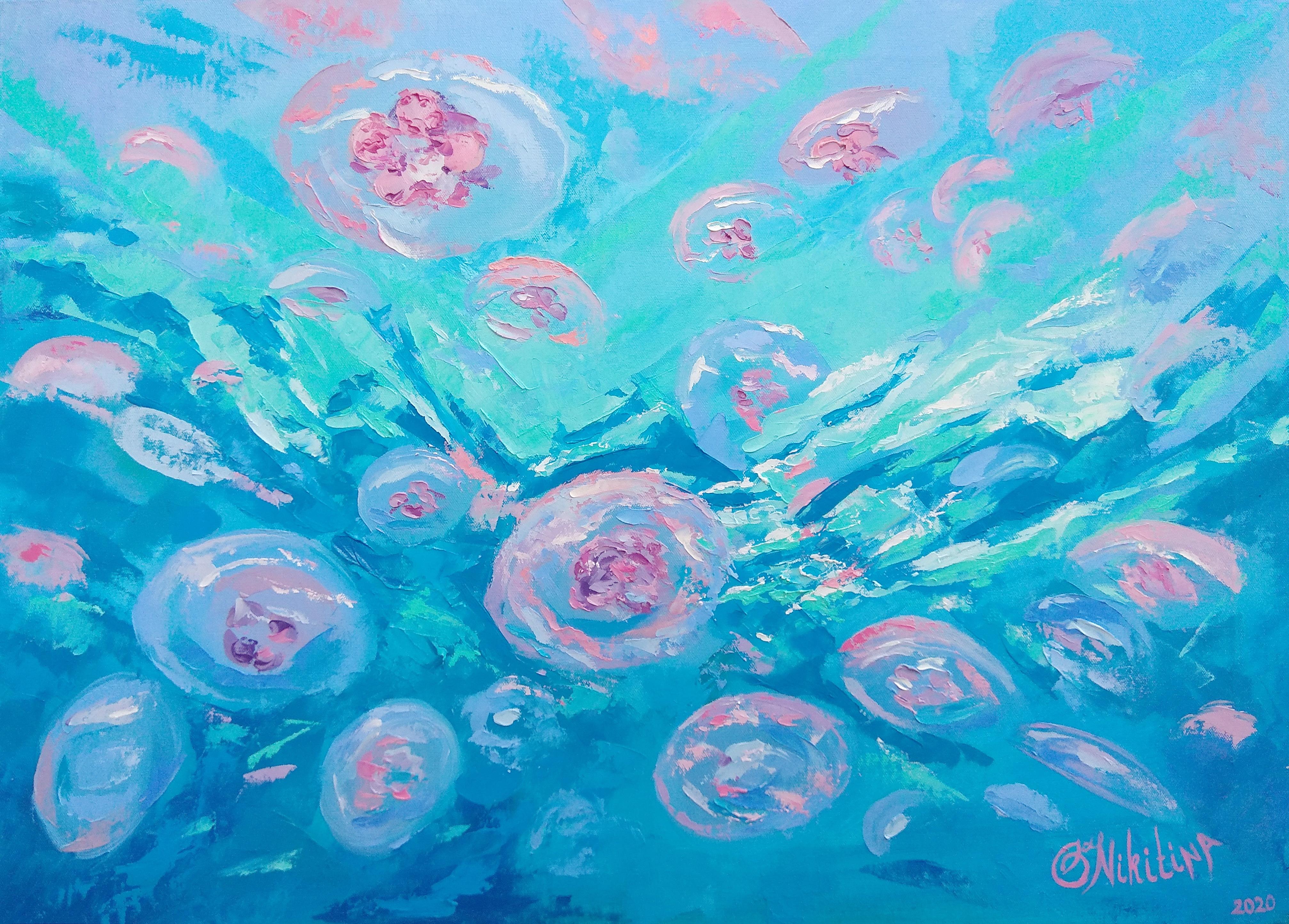 Olga Nikitina Animal Painting - Jellyfish in Ocean Underwater Art 
