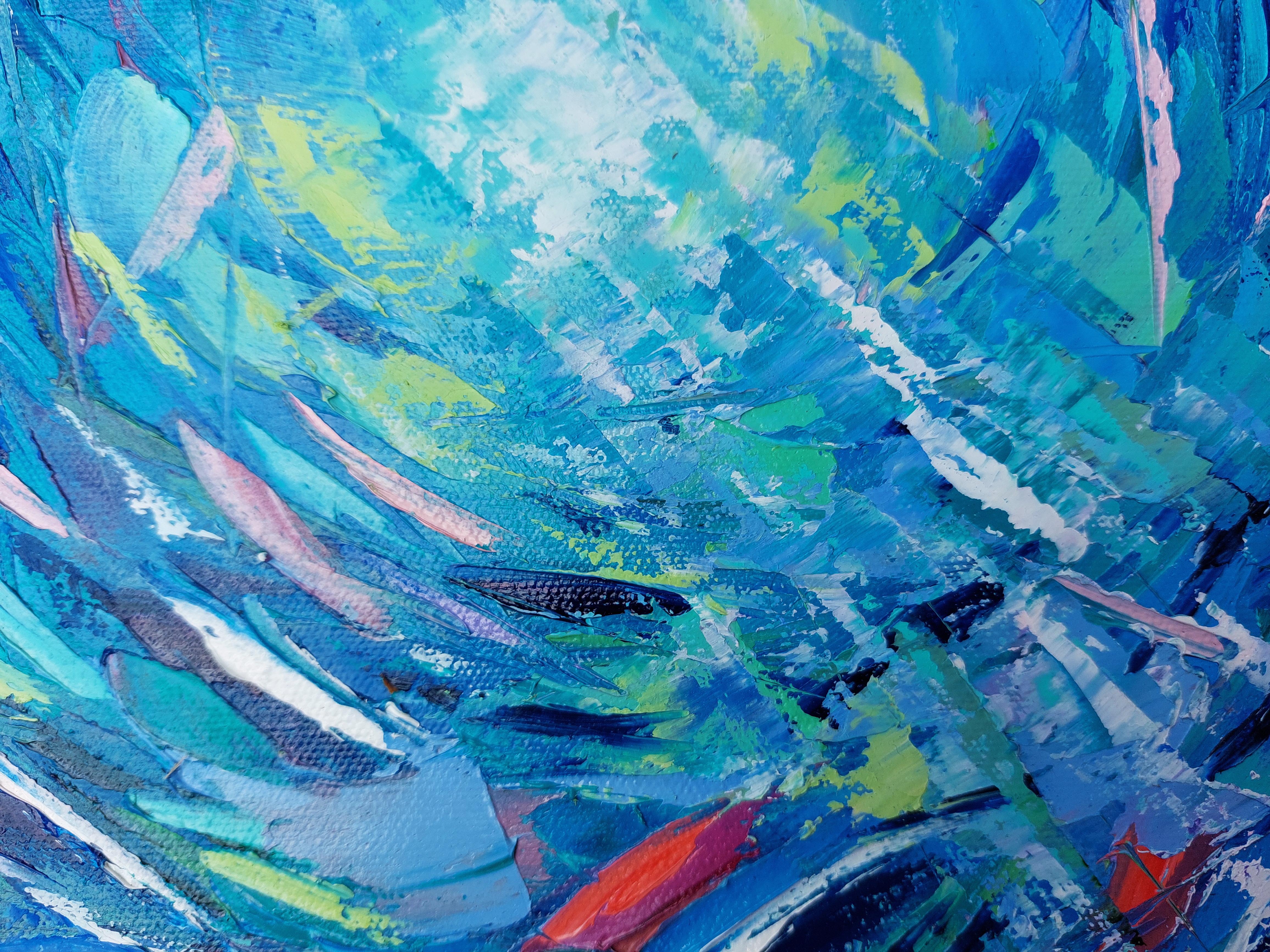 Pittura subacquea Barriera corallina Oceanic Arts Pittura ad olio originale ad impasto - Abstract Painting Blu di Olga Nikitina