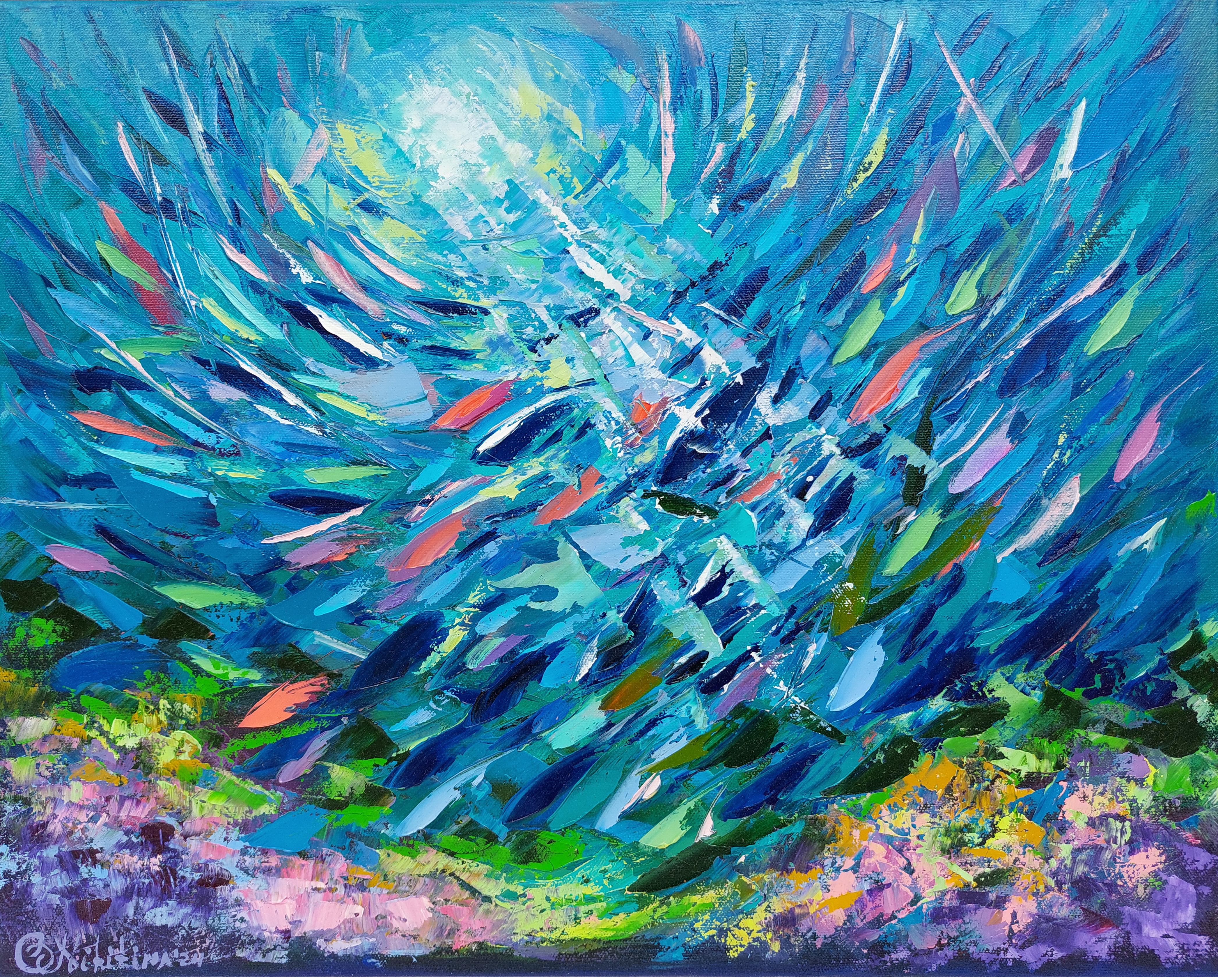 Pittura subacquea Barriera corallina Oceanic Arts Pittura ad olio originale ad impasto