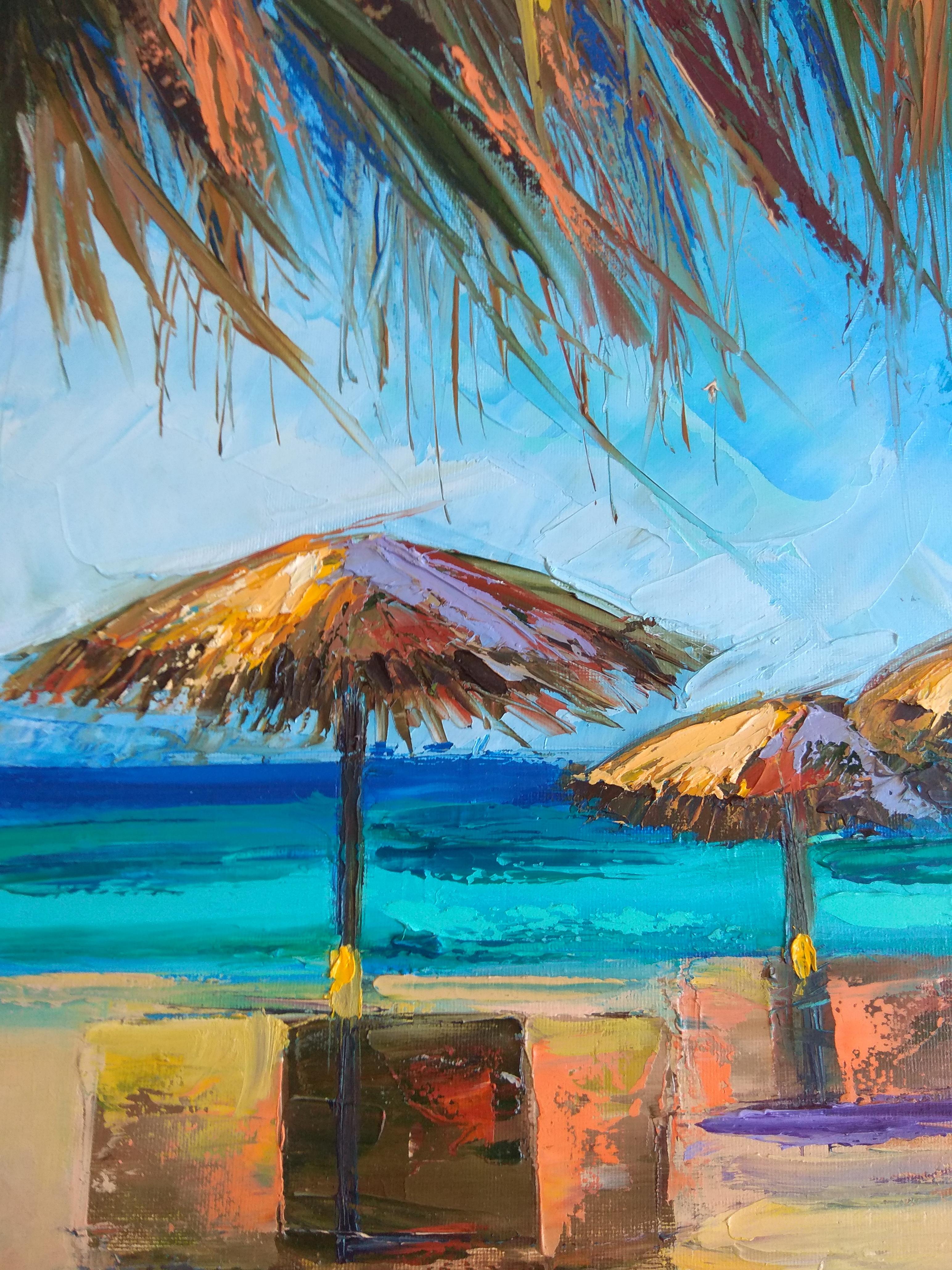 Introducing a stunning piece of artwork that captures the essence of a perfect beach day. This oil painting on canvas features a serene beach with the ocean in the background and sun umbrellas dotting the sand. The use of a palette knife creates a