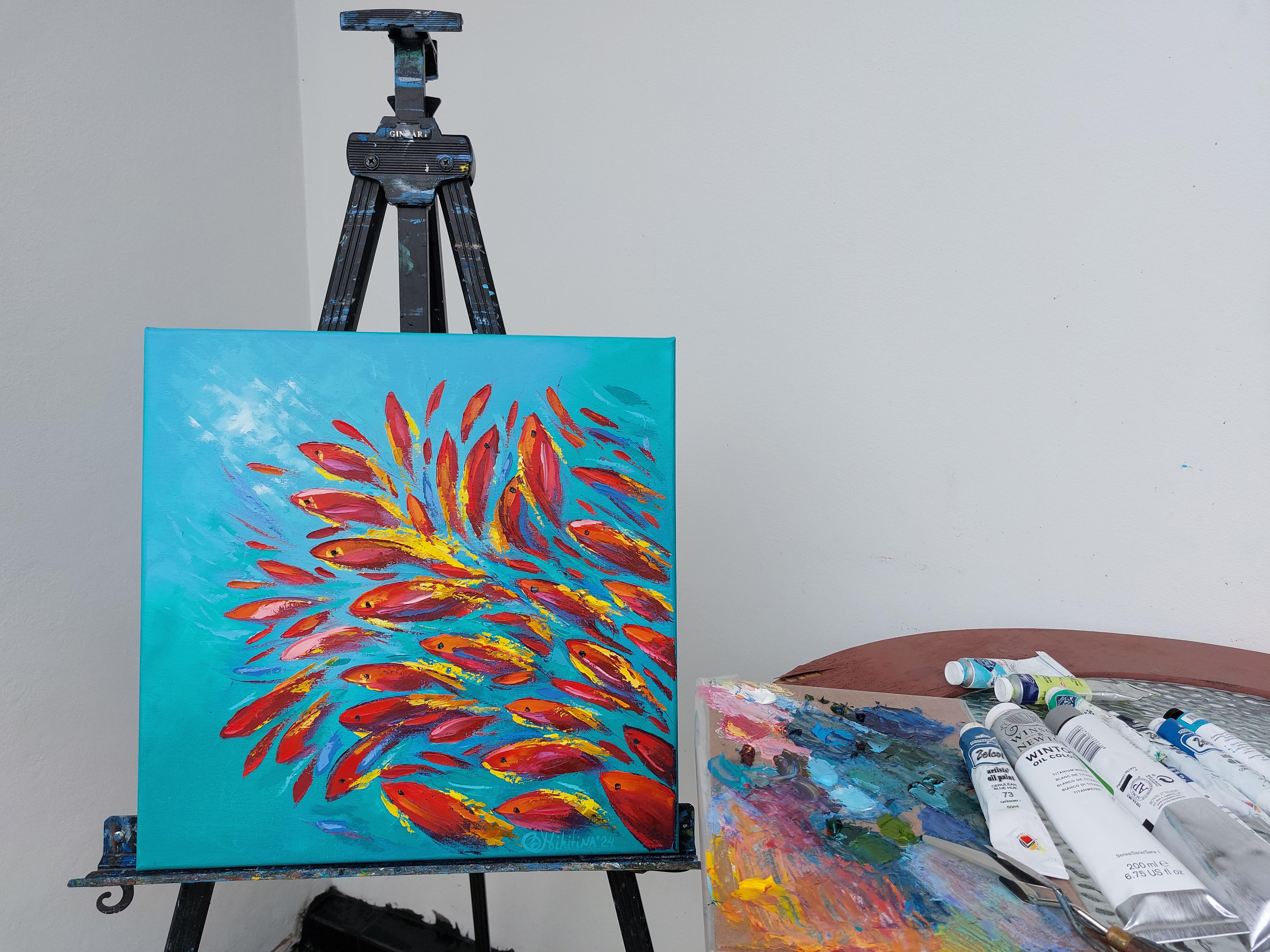 Orange Fish Painting Original Art Impasto Oil Painting Semi-Abstract - Blue Animal Painting by Olga Nikitina