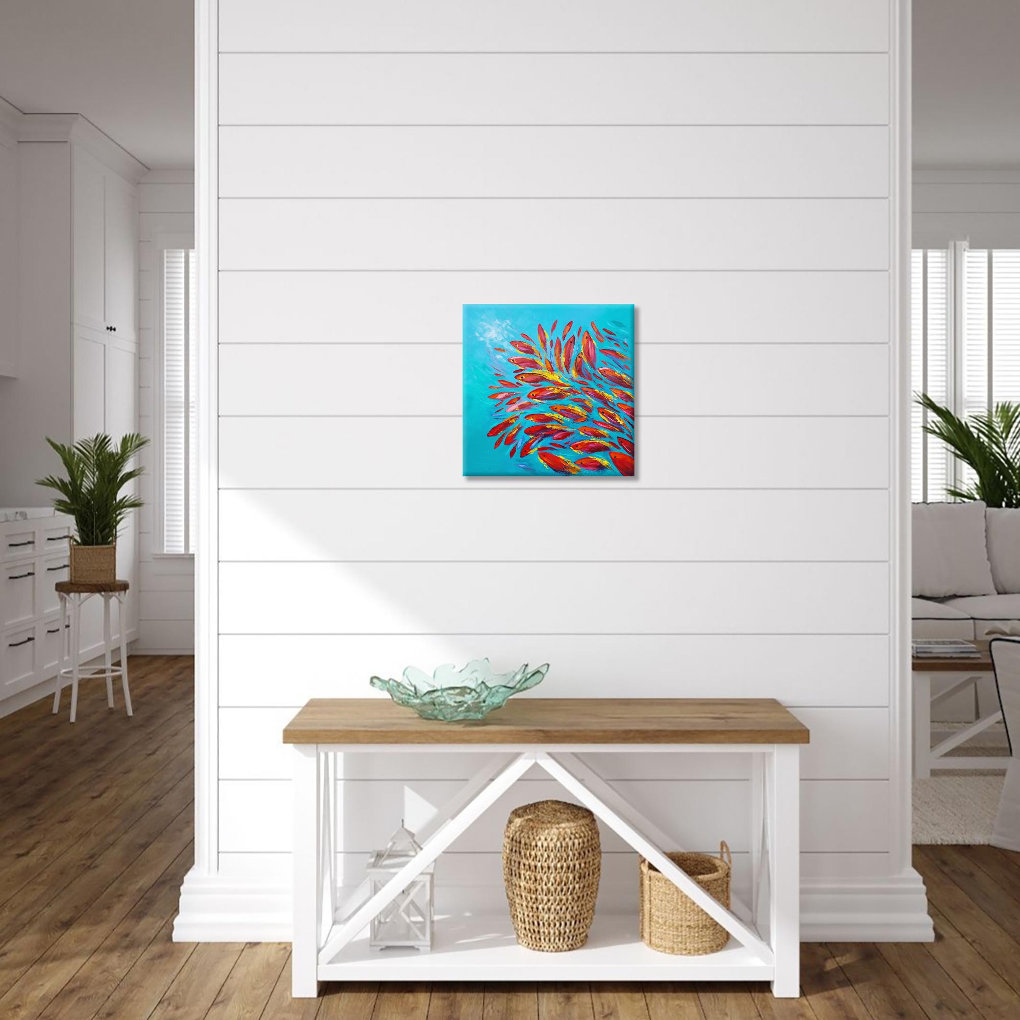 Orange Fish Wall Decor Oil Painting Underwater Original Art Animal Artwork Seascape Impasto Painting Palette Knife Art 16x16