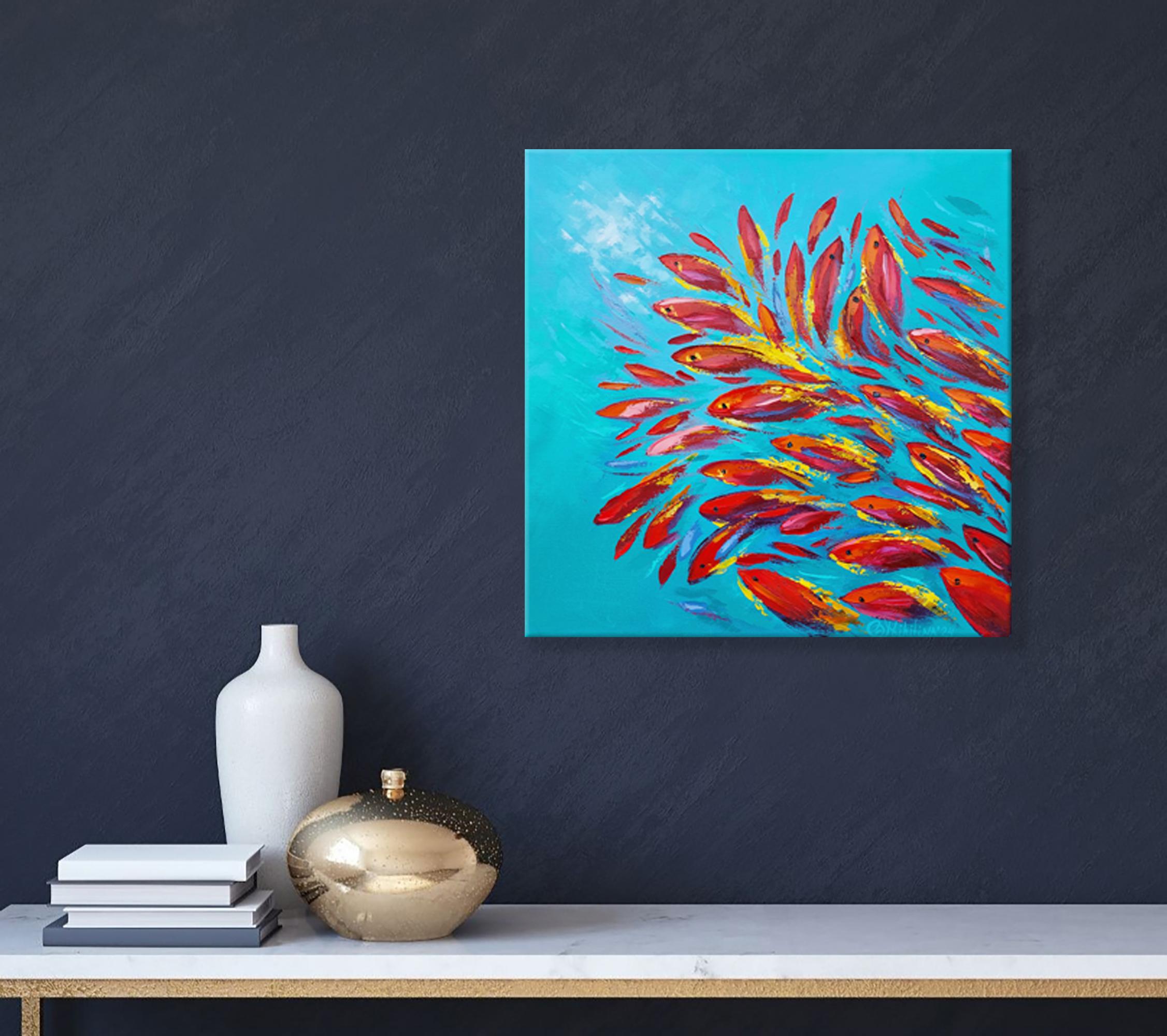 Orange Fish Painting Original Art Impasto Oil Painting Semi-Abstract For Sale 2