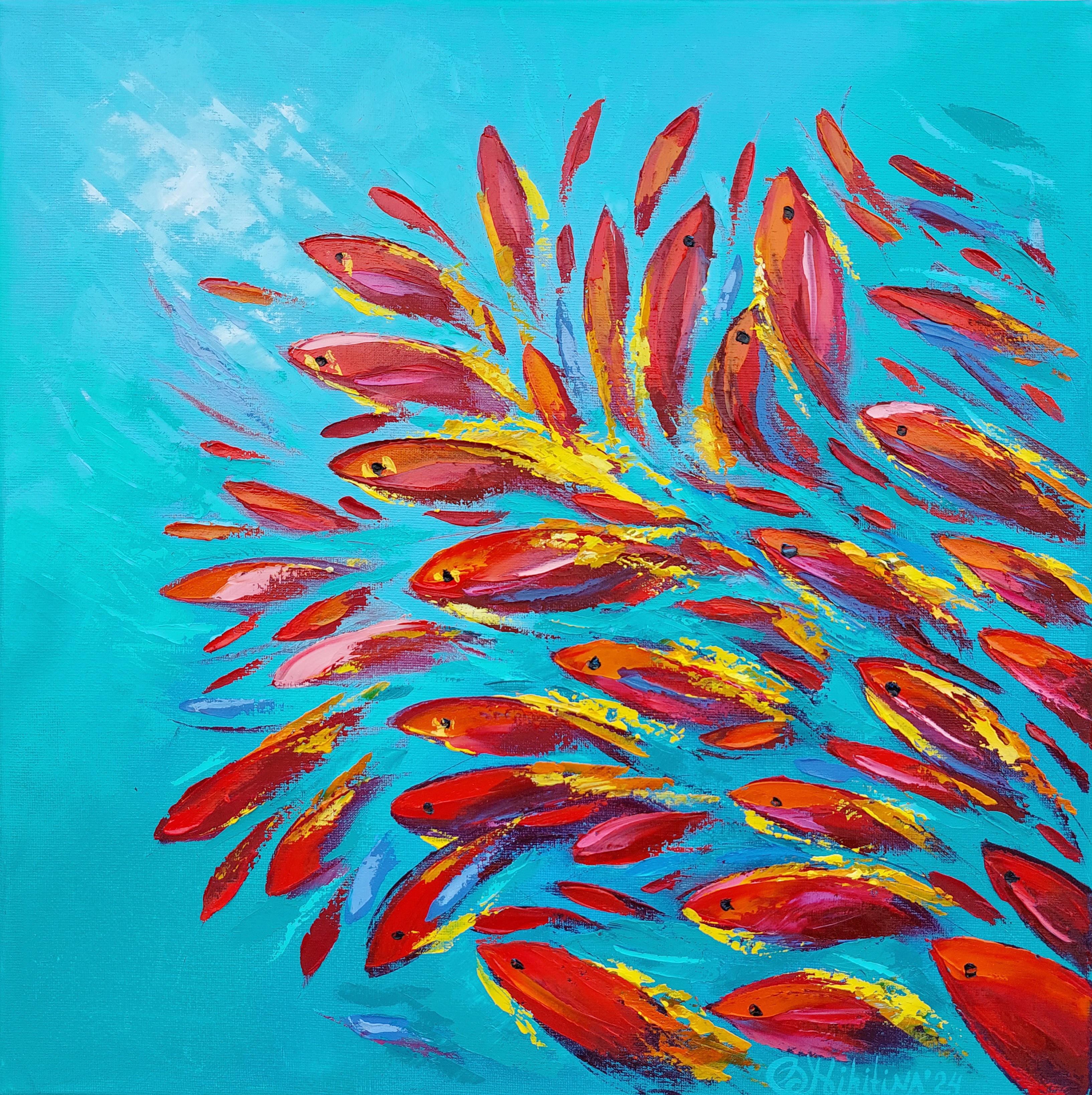 Pesce arancione Pittura originale Arte Impasto Pittura ad olio Semi-Astratta