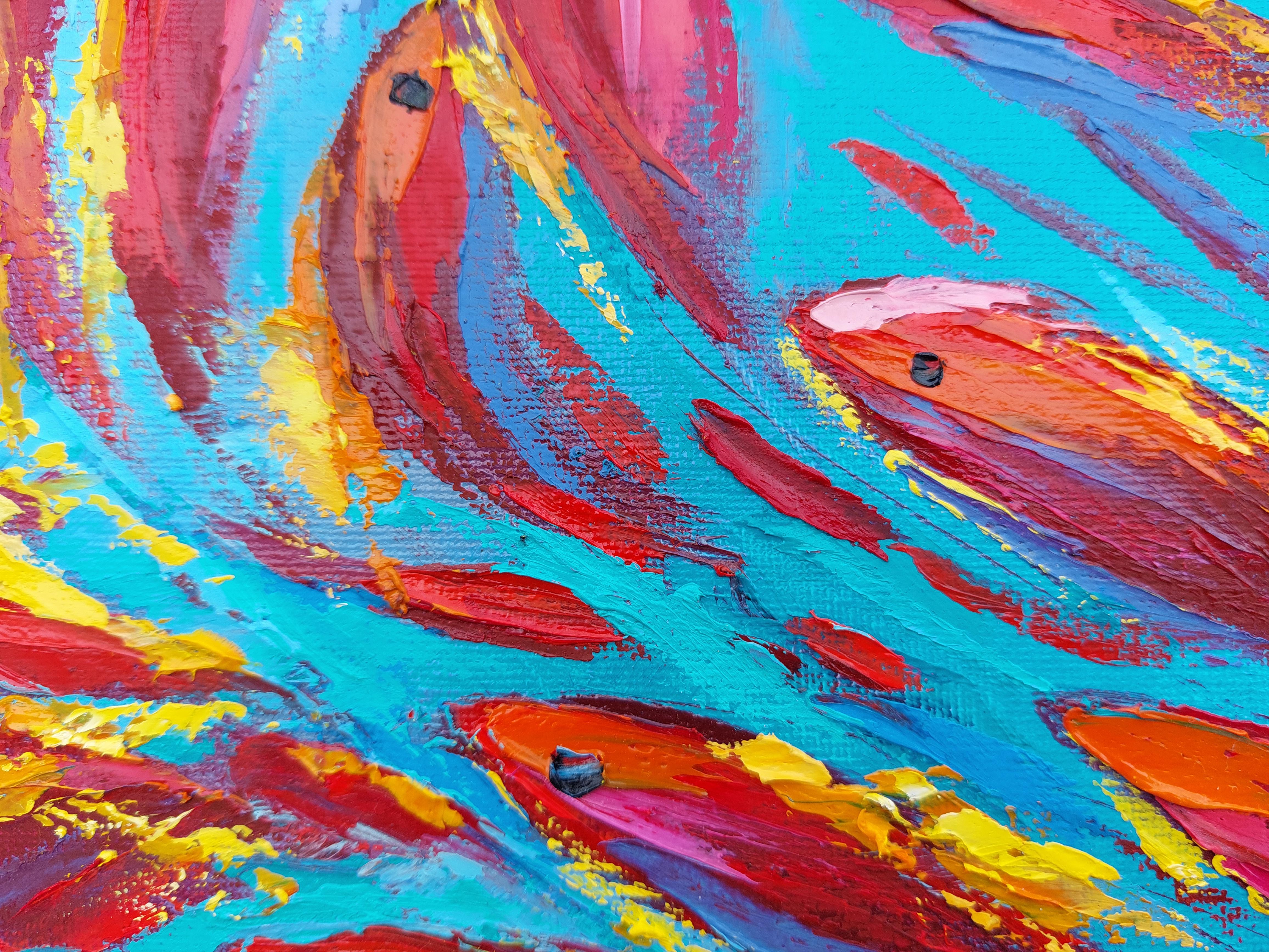 Orange Fish Painting Original Art Impasto Oil Painting Semi-Abstract For Sale 1