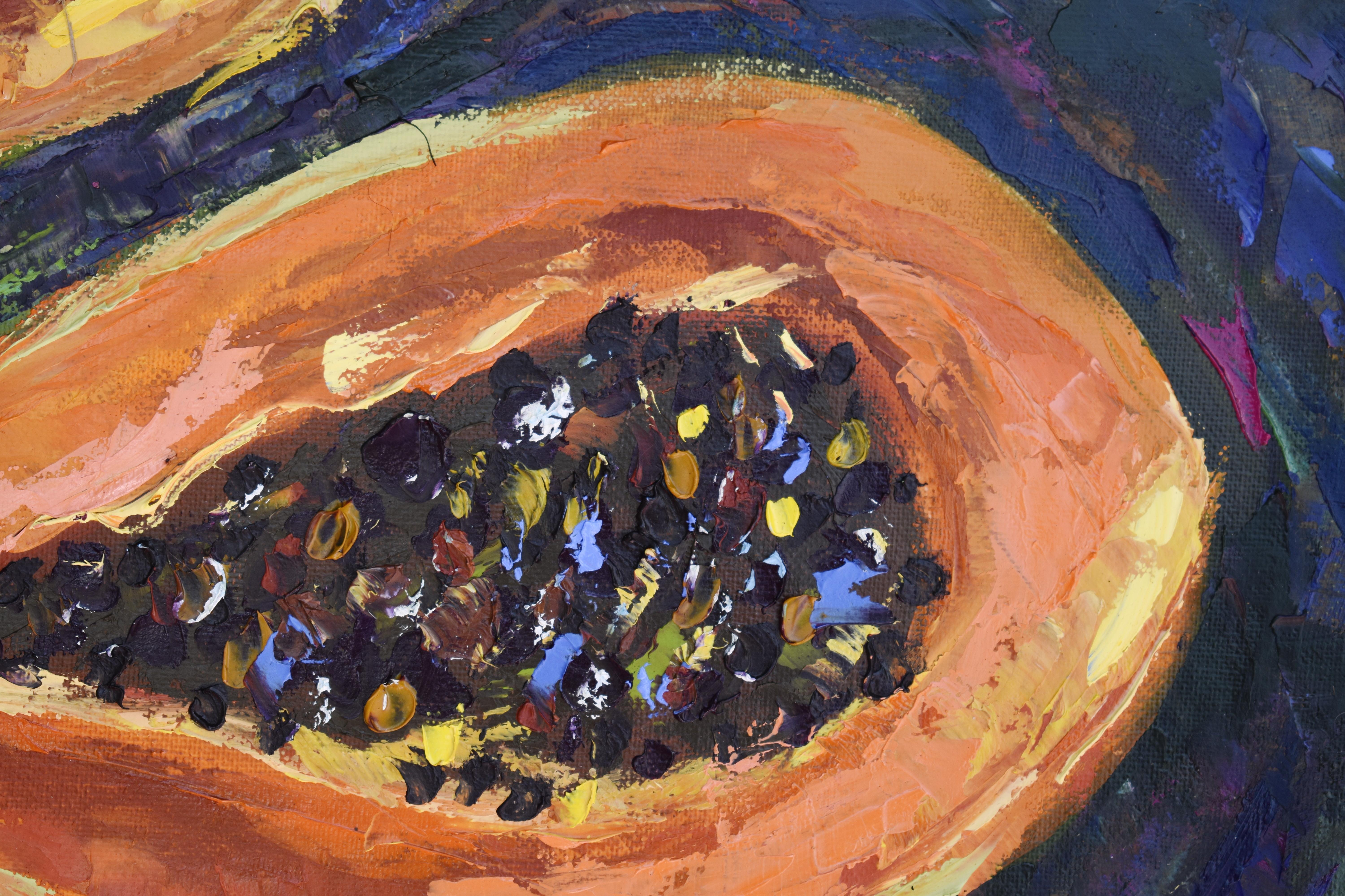 Papaya Tropical Fruit Painting - Gray Still-Life Painting by Olga Nikitina