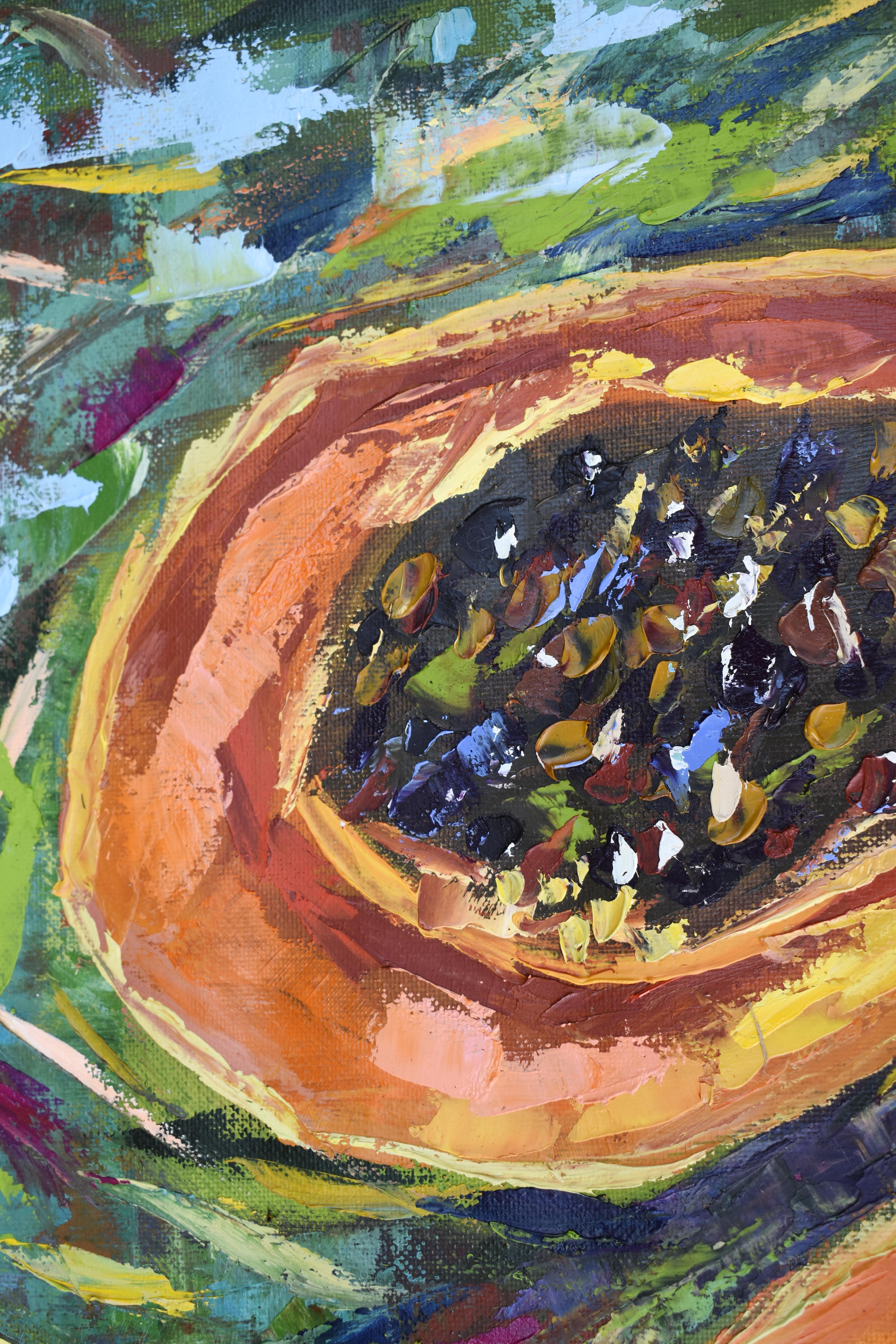 Tropical Fruit Painting Papaya one of a kind by Olga Nikitina
* Title «Papaya »
* Size 23x16 inches
* Materials: oil paints, unstretched canvas, palette knife.
*Shipping: rolled in tube
Orange, green textured painting would be a great addition to