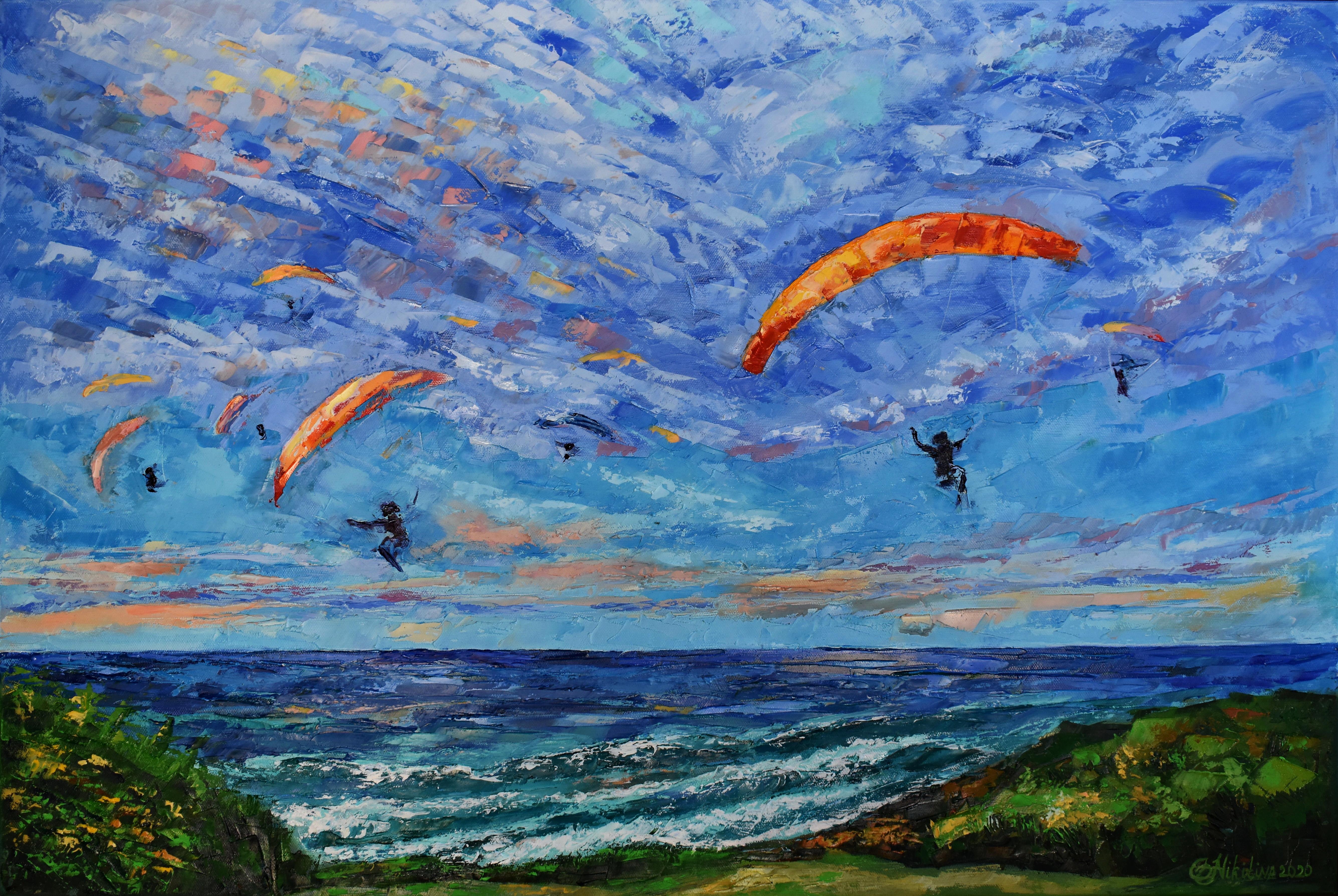 Olga Nikitina Figurative Painting - Paraglidiing Fly above the Ocean