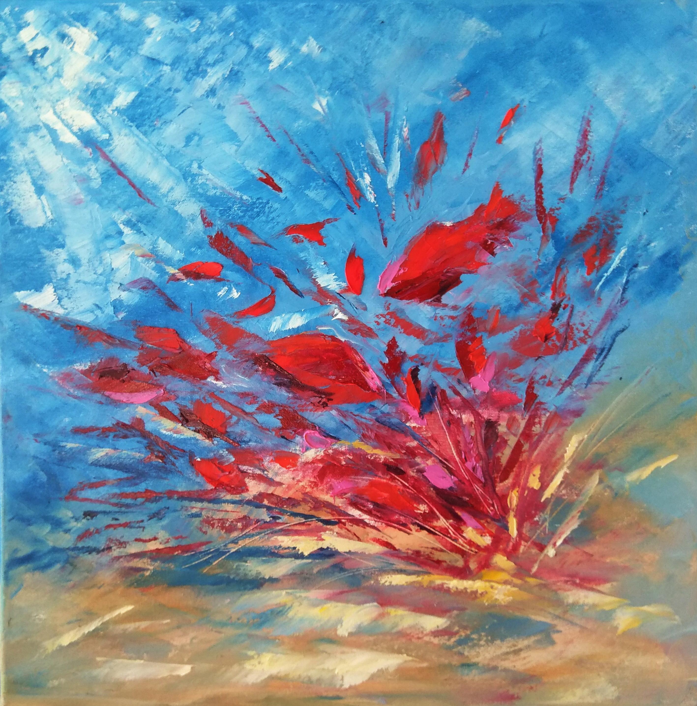 Olga Nikitina Abstract Painting - Red Expression Underwater Painting, Oil on Cotton Canvas