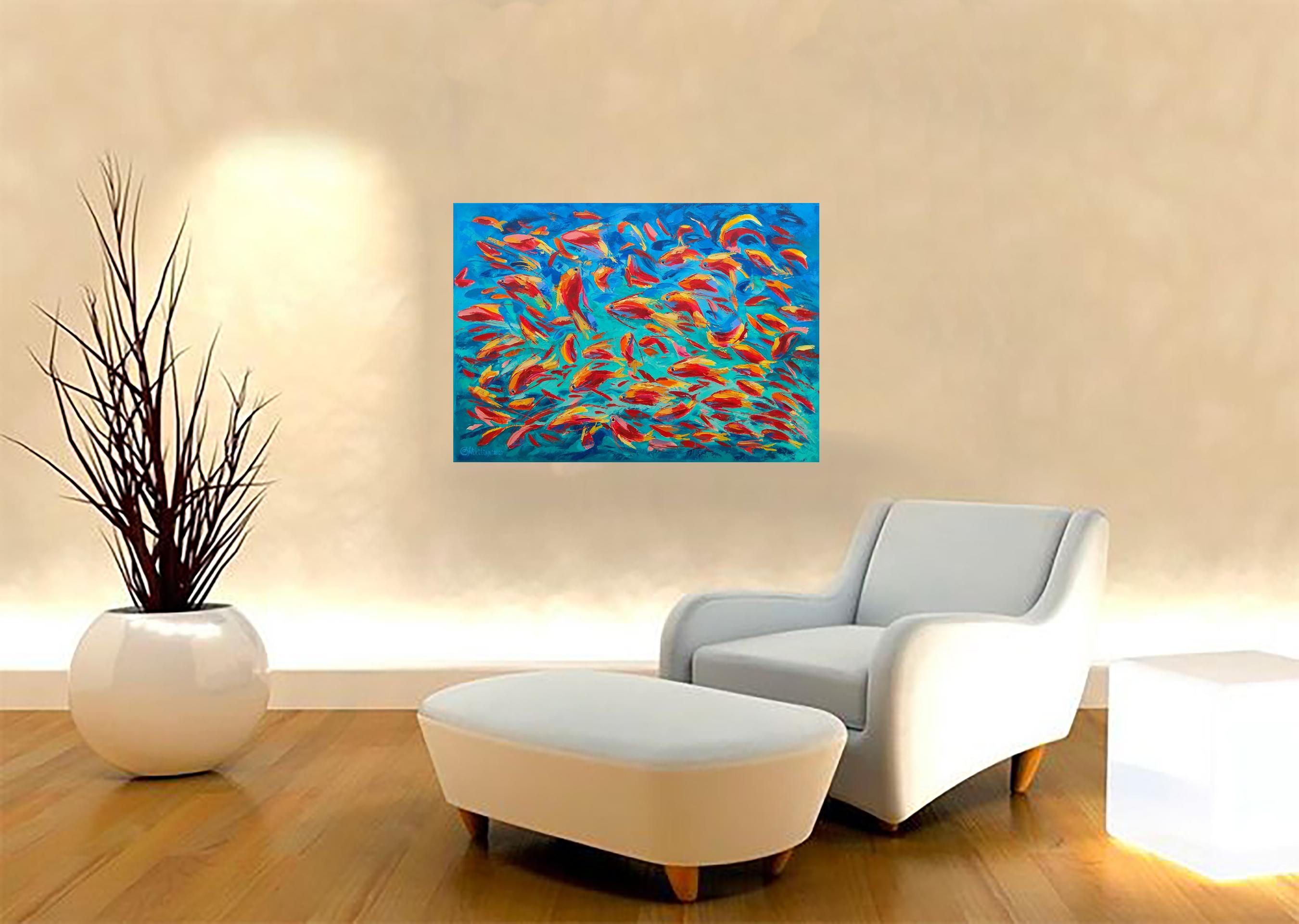 Red Fish Antias - Blue Abstract Painting by Olga Nikitina