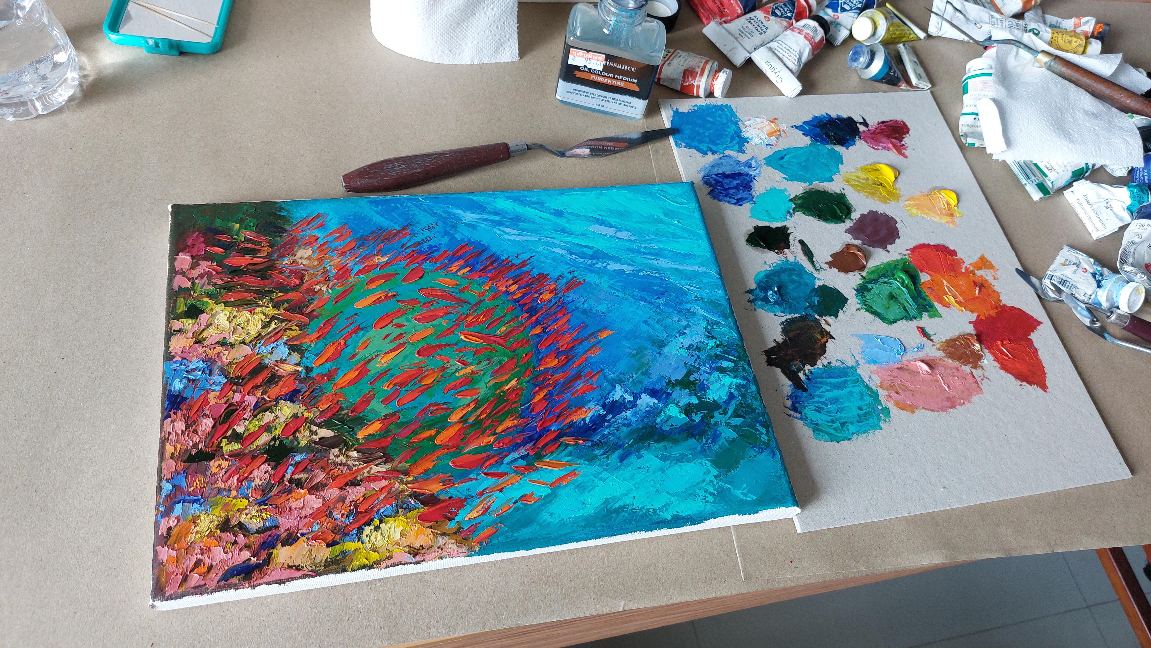 Pez Rojo en Corales Arte Oceánico  - Painting Impresionista de Olga Nikitina