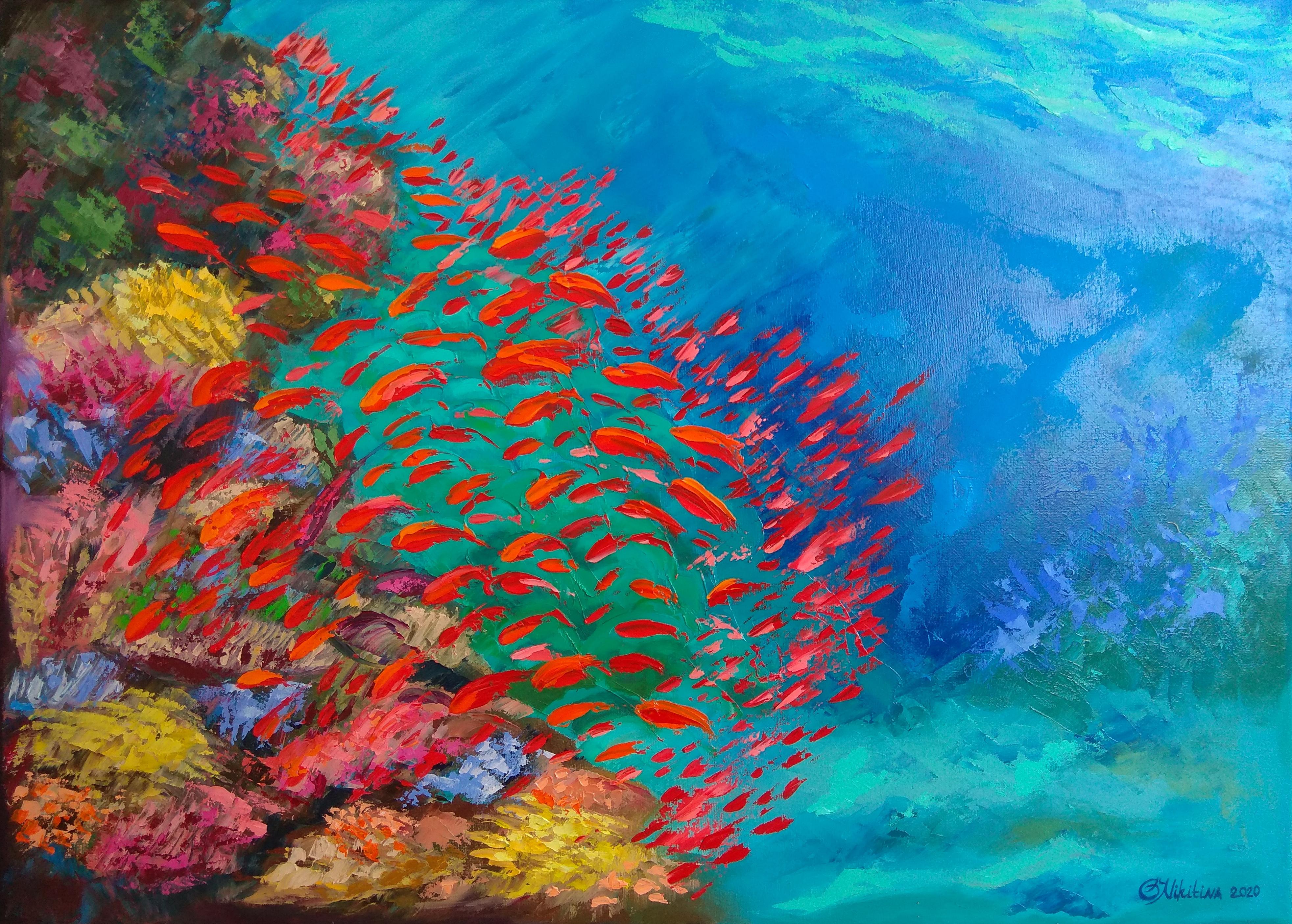 Olga Nikitina Abstract Painting - Red Fish in Corals Ocean Art 