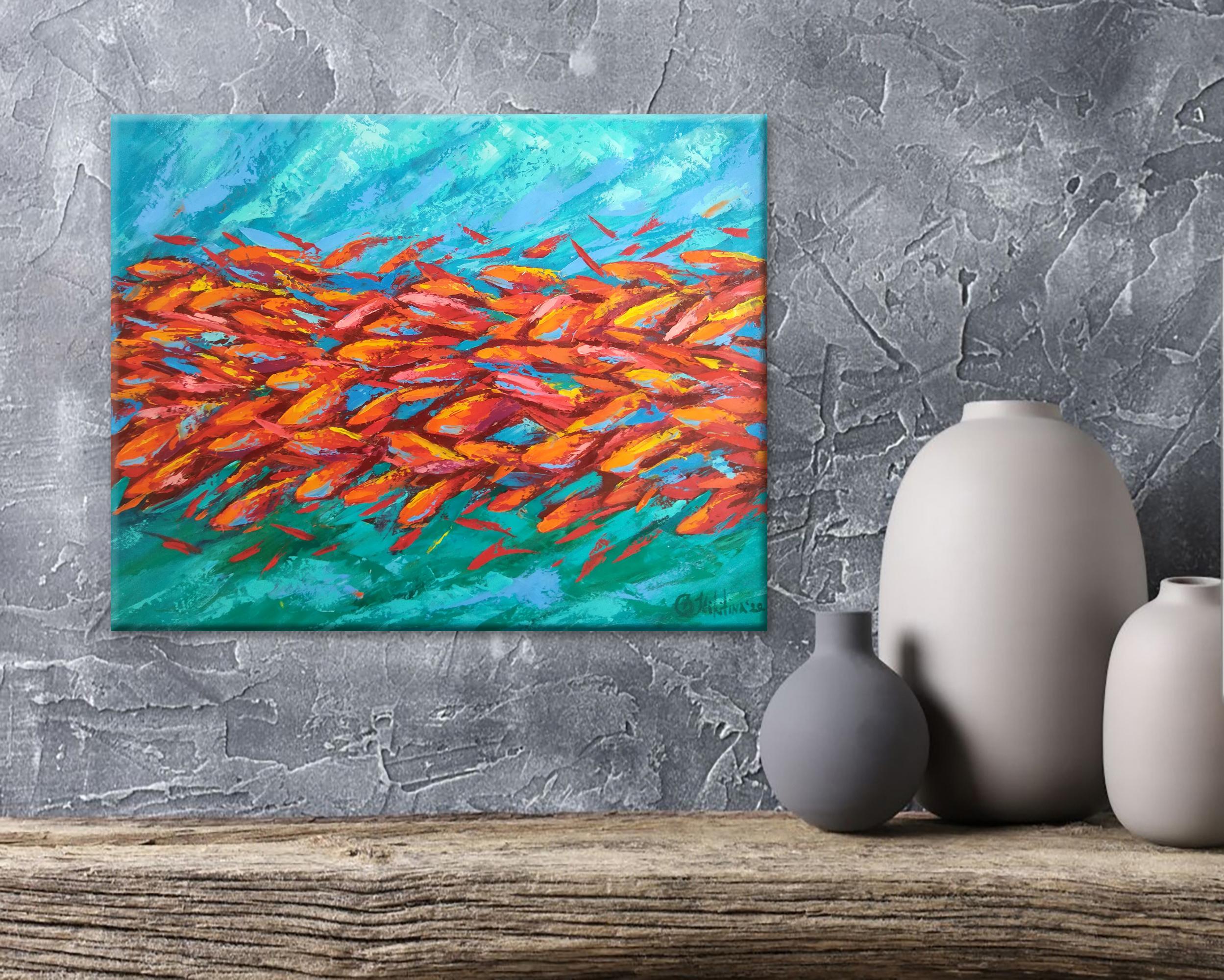 Rotes rotes Fischgemälde Abstraktes Unterwasser – Painting von Olga Nikitina
