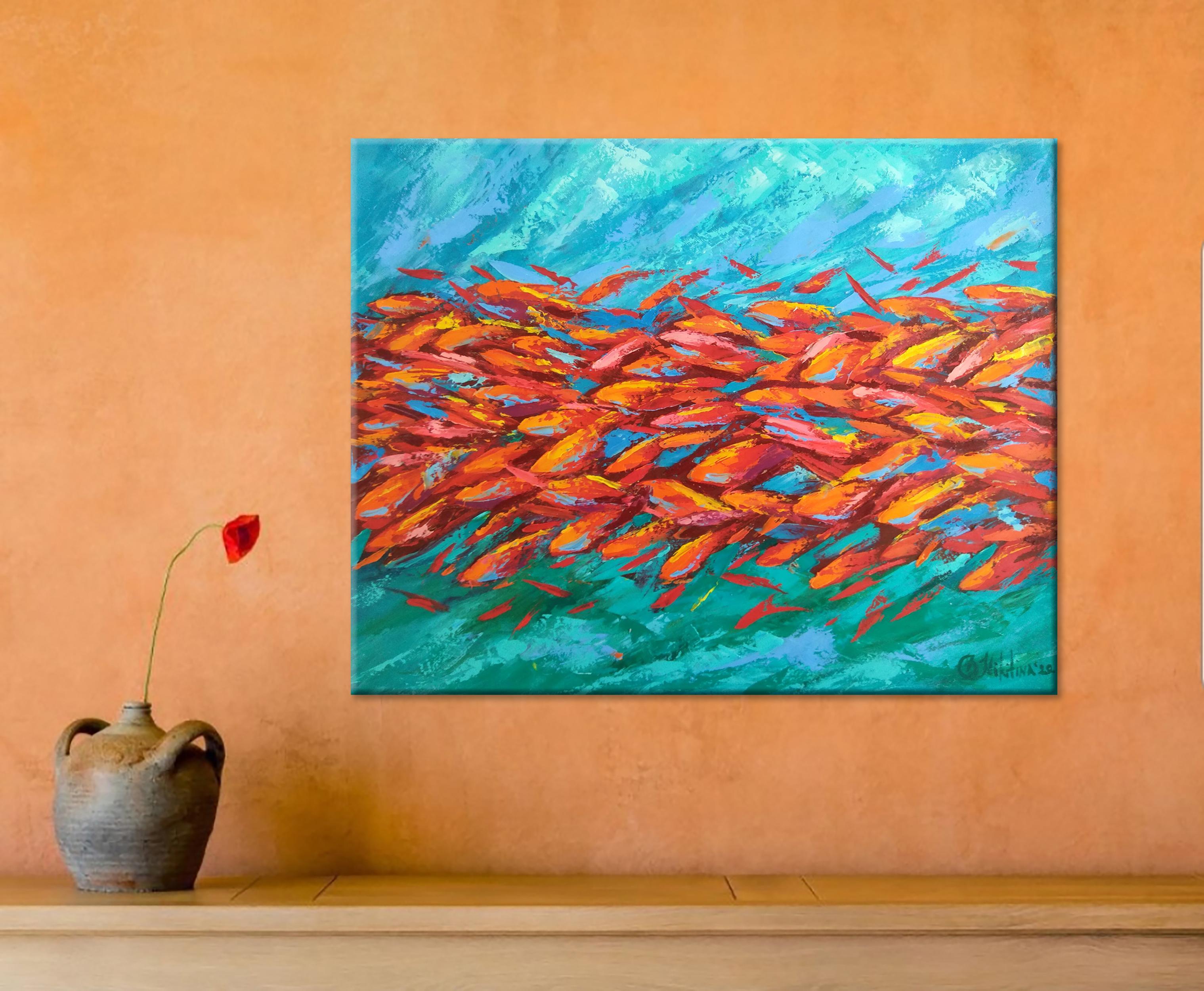 Rotes rotes Fischgemälde Abstraktes Unterwasser (Abstrakter Expressionismus), Painting, von Olga Nikitina