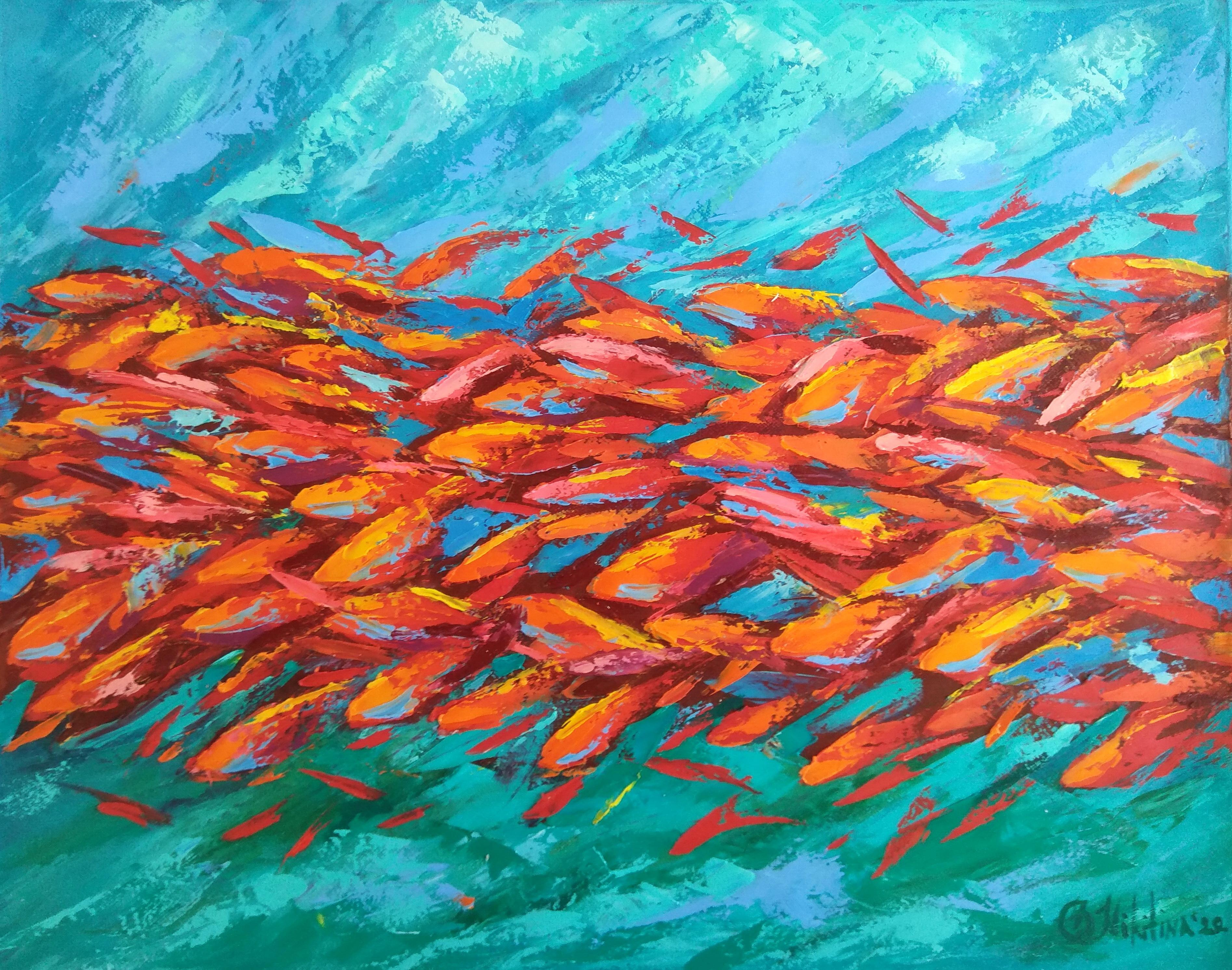 Olga Nikitina Animal Painting – Rotes rotes Fischgemälde Abstraktes Unterwasser