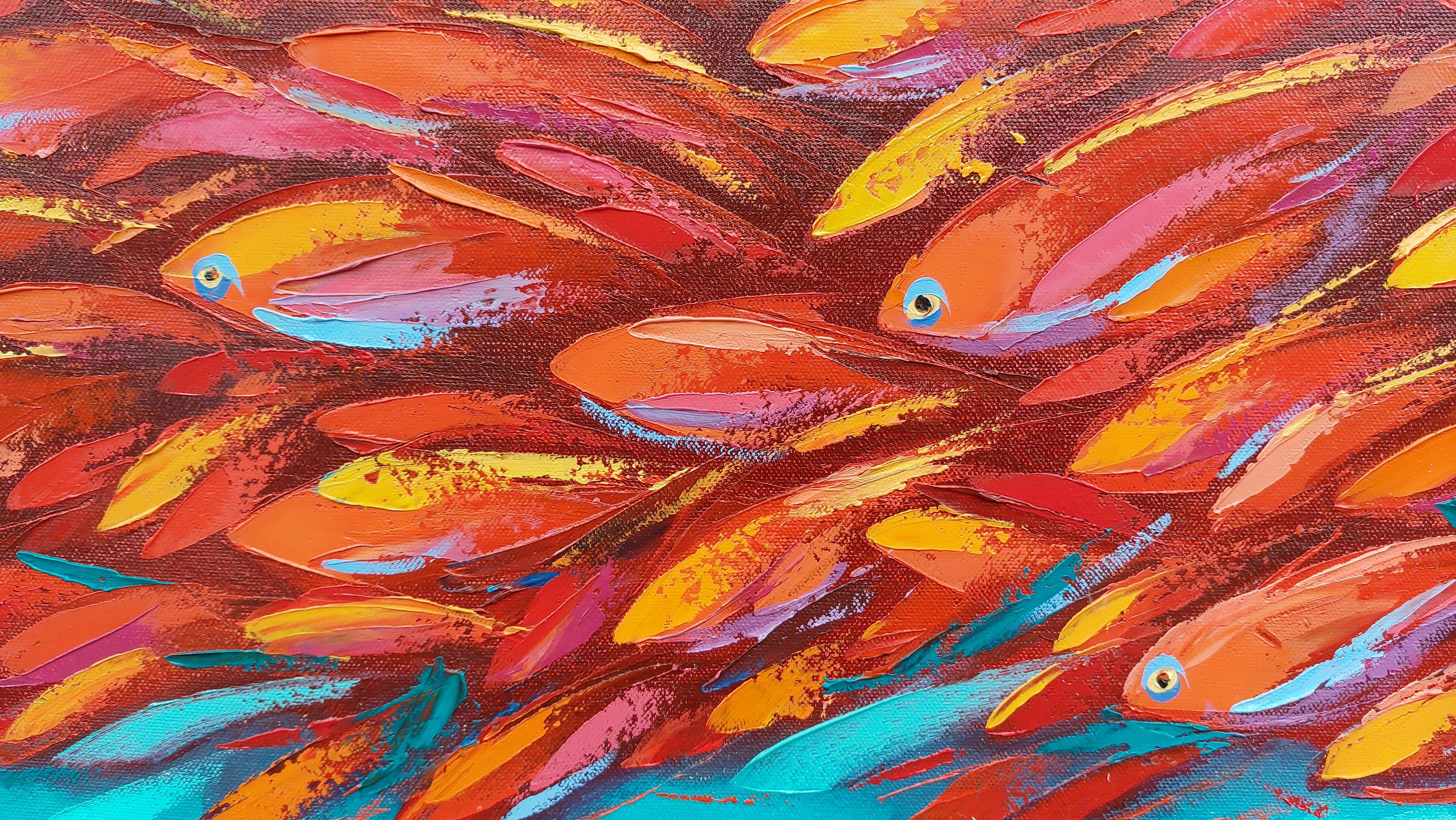 Red Fish Painting Original Sea Life Fish Artwork Ocean Art Impasto  For Sale 1