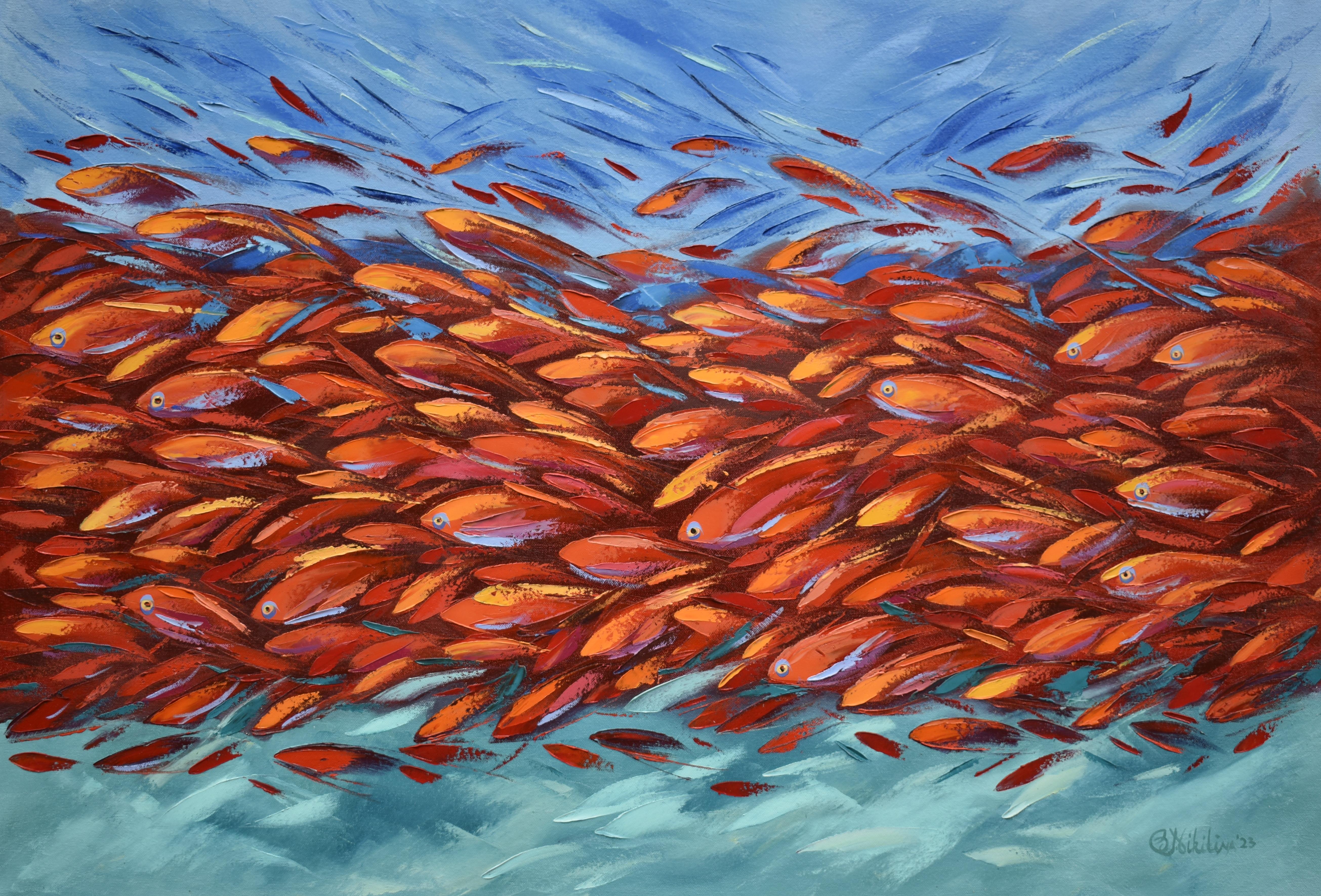 Rotes Fisch-Gemälde, Original Meeresleben-Fisch-Kunstwerk, Impasto 