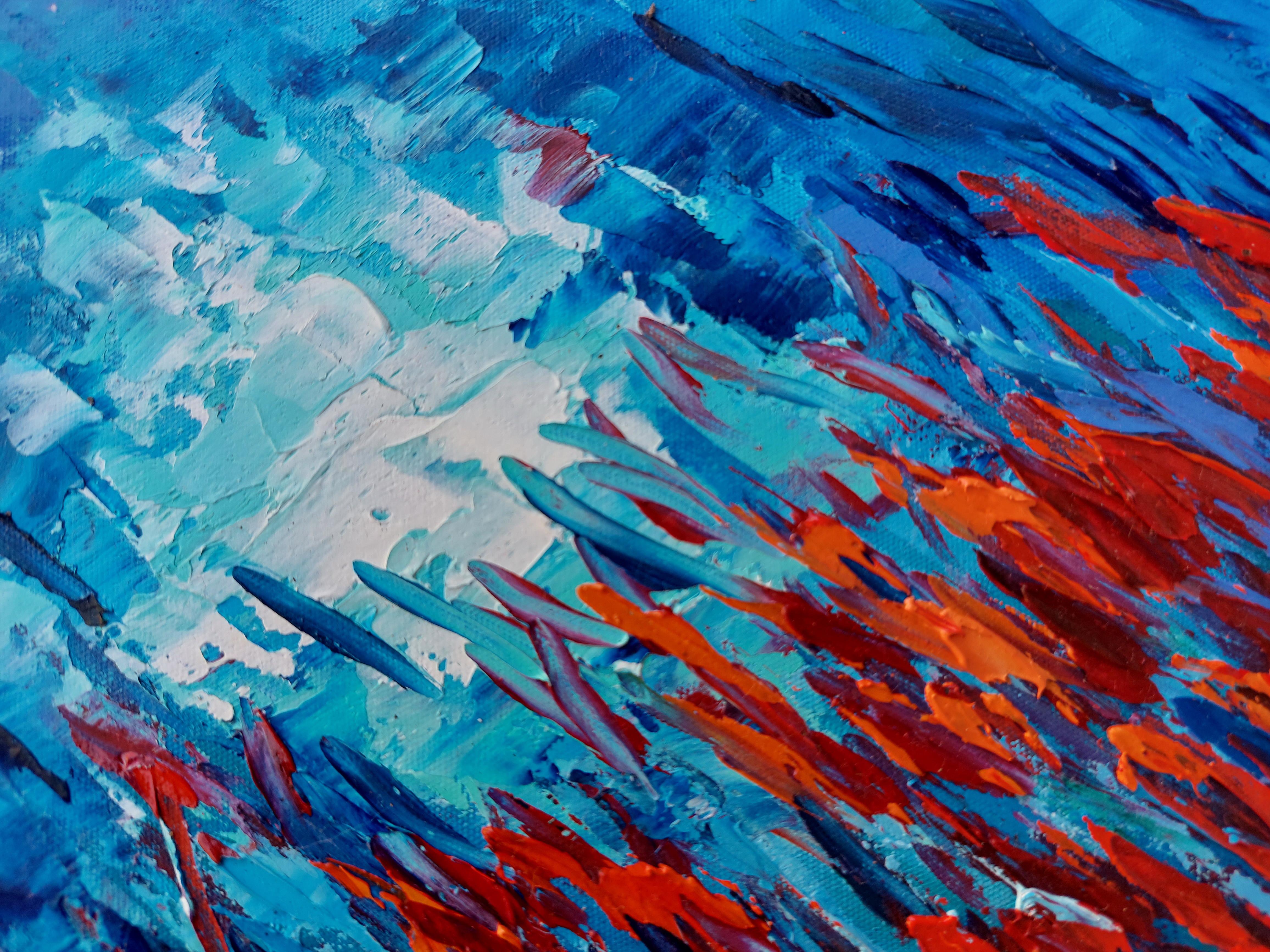 Pintura Pez Rojo Bajo el Agua Arte Original - Painting Impresionista abstracto de Olga Nikitina
