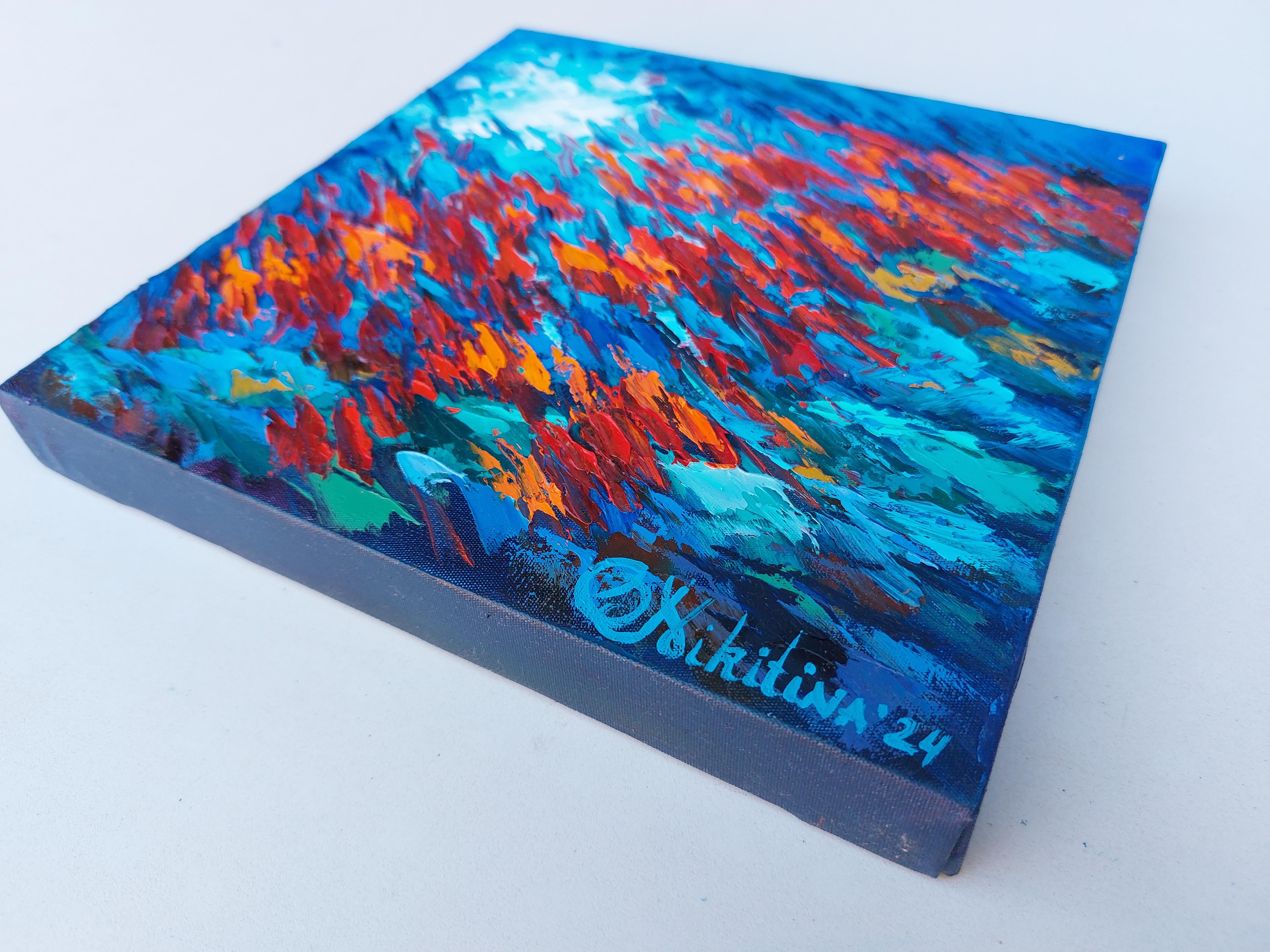 Pintura Pez Rojo Bajo el Agua Arte Original - Animal Painting Azul de Olga Nikitina