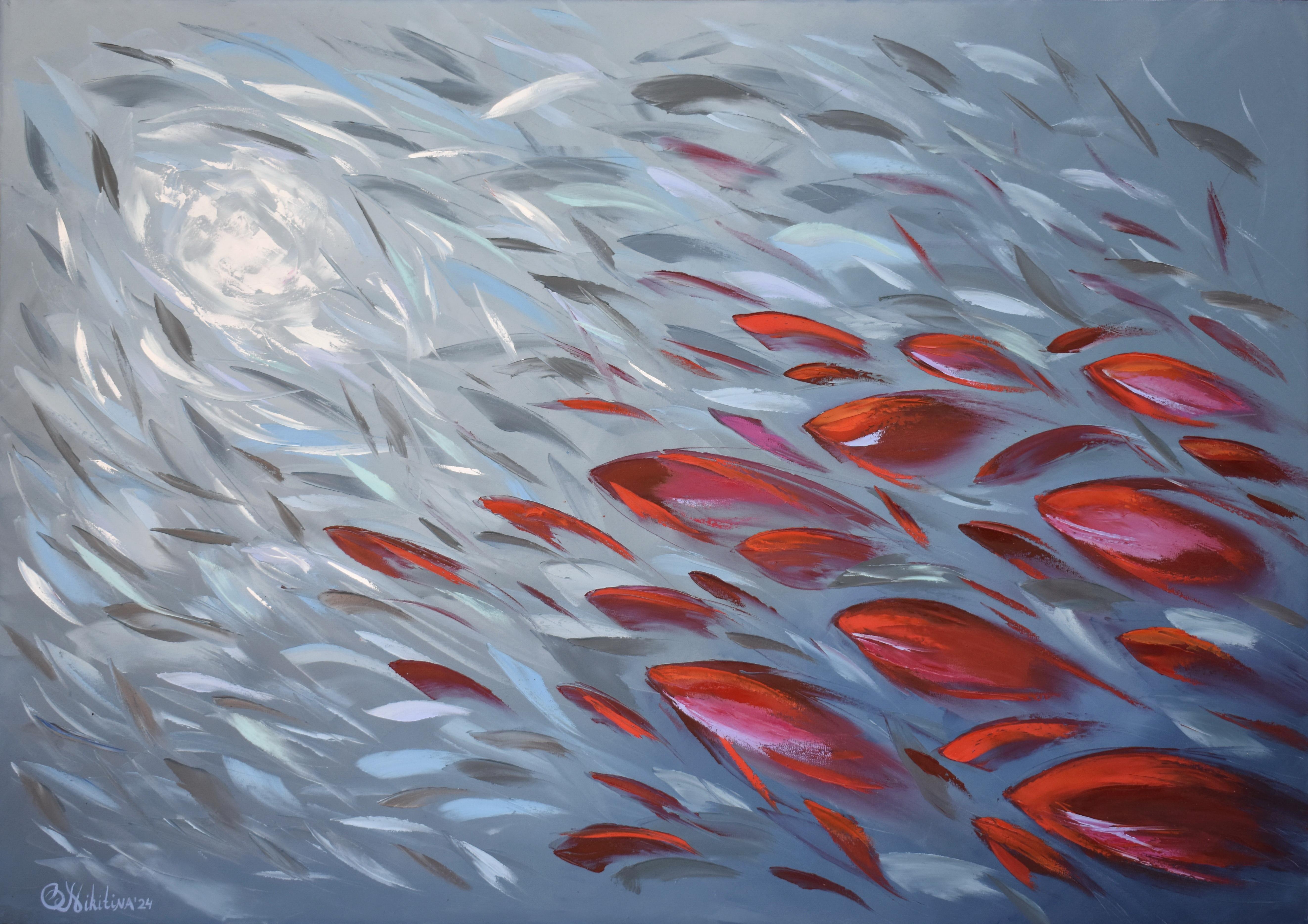 Olga Nikitina Landscape Painting – Roter Fisch Stream Tropischer Ozean Kunst 