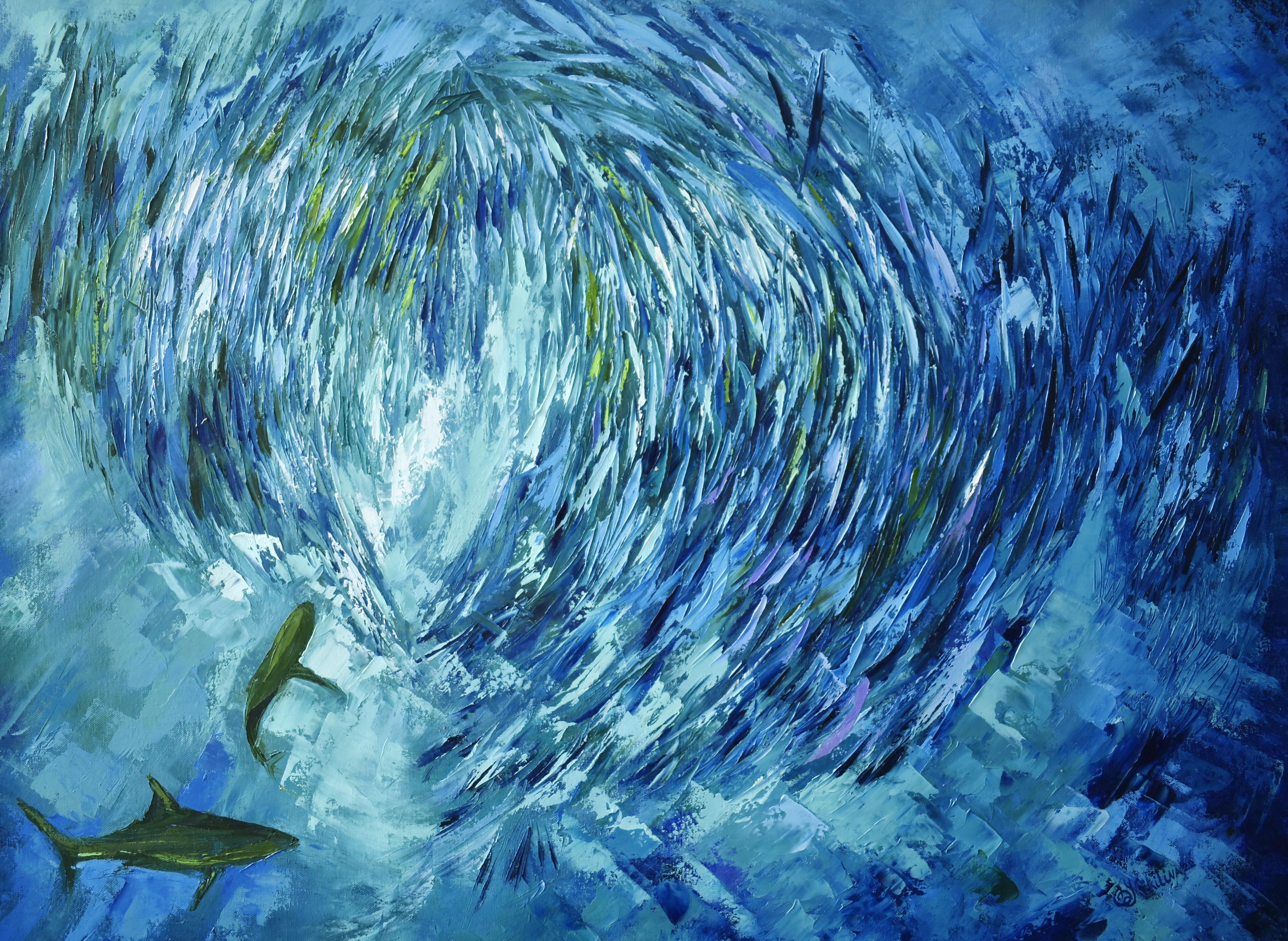 Olga Nikitina Animal Painting - Fish Painting Sardine Run Bait Ball South Africa Underwater Art