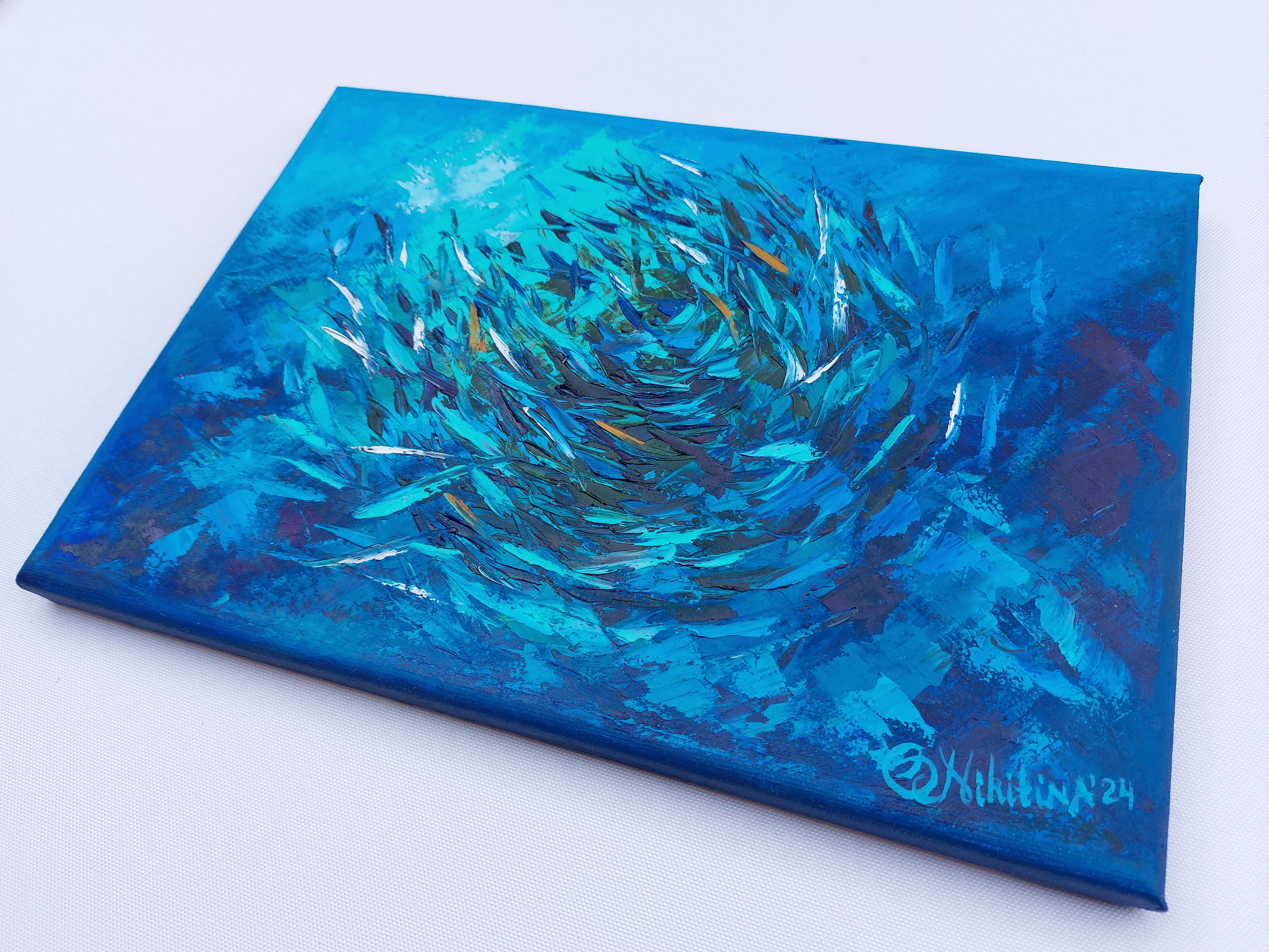 Sardines, Gemälde BaitBall unter Wasser, Original-Kunst (Impressionismus), Painting, von Olga Nikitina