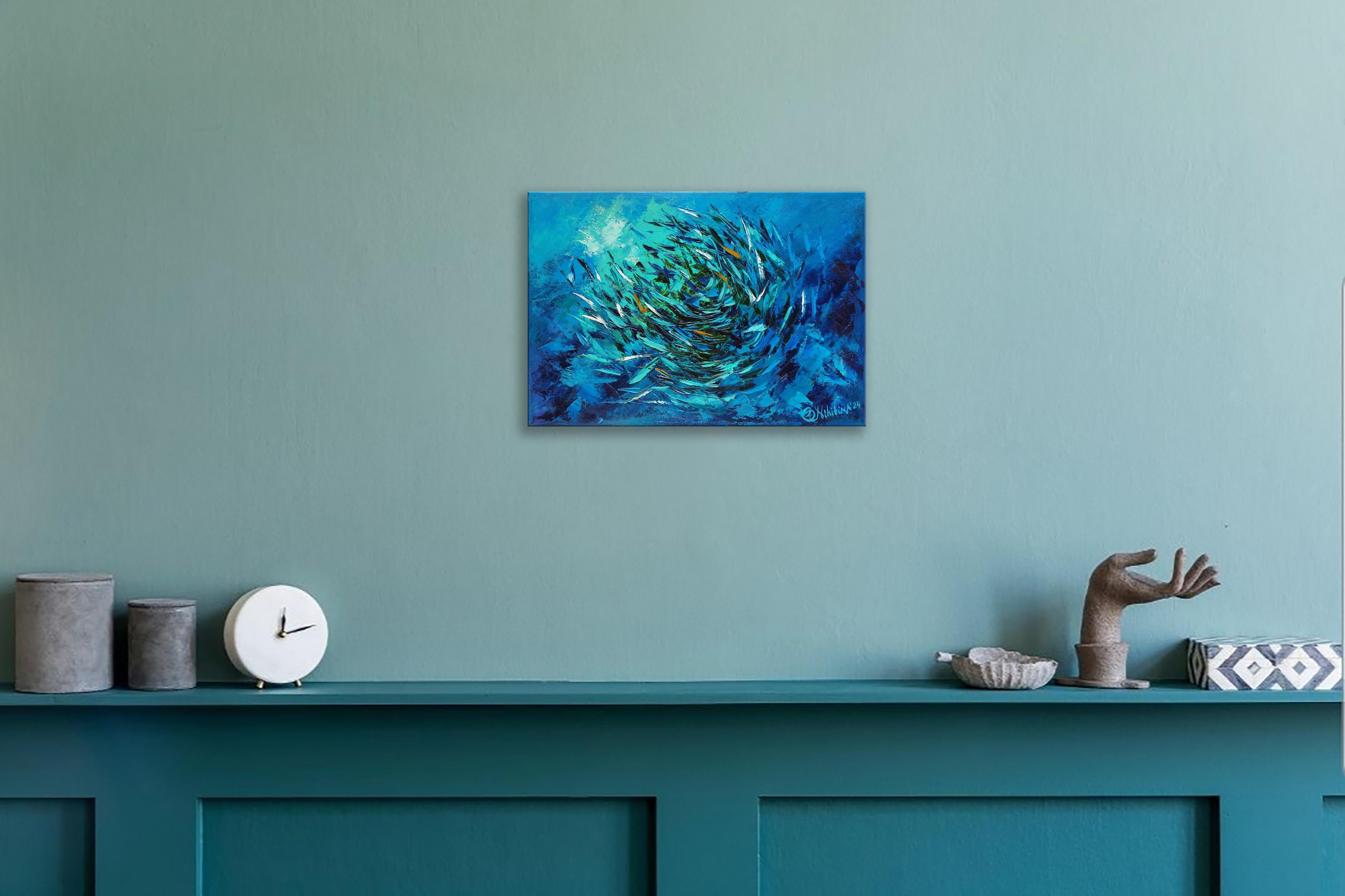 Sardines, Gemälde BaitBall unter Wasser, Original-Kunst 3