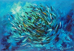 Sardinas Pintura BaitBall Bajo el Agua Arte Original